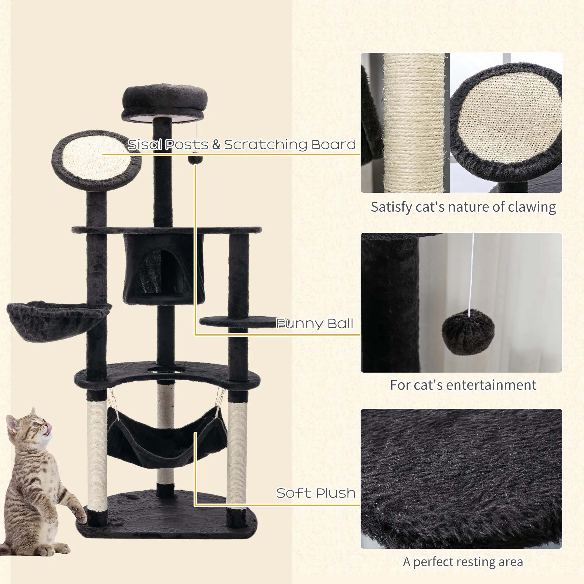 60" Multi-Level Plush Cat Tree, Scratching Posts, 2 Hammocks, Dark Grey - Image 5