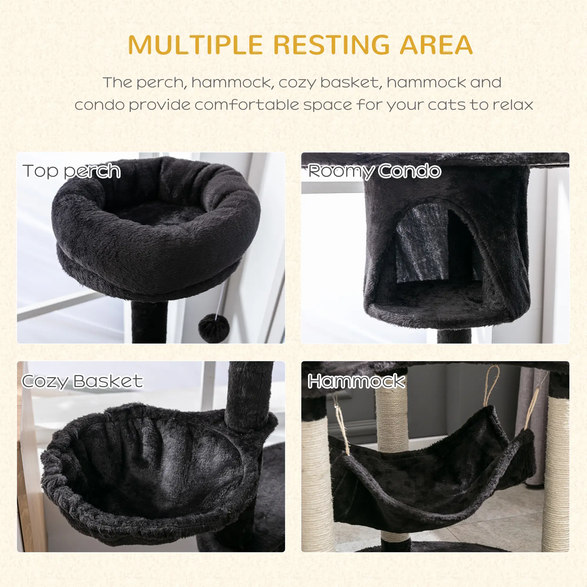 60" Multi-Level Plush Cat Tree, Scratching Posts, 2 Hammocks, Dark Grey - Image 6