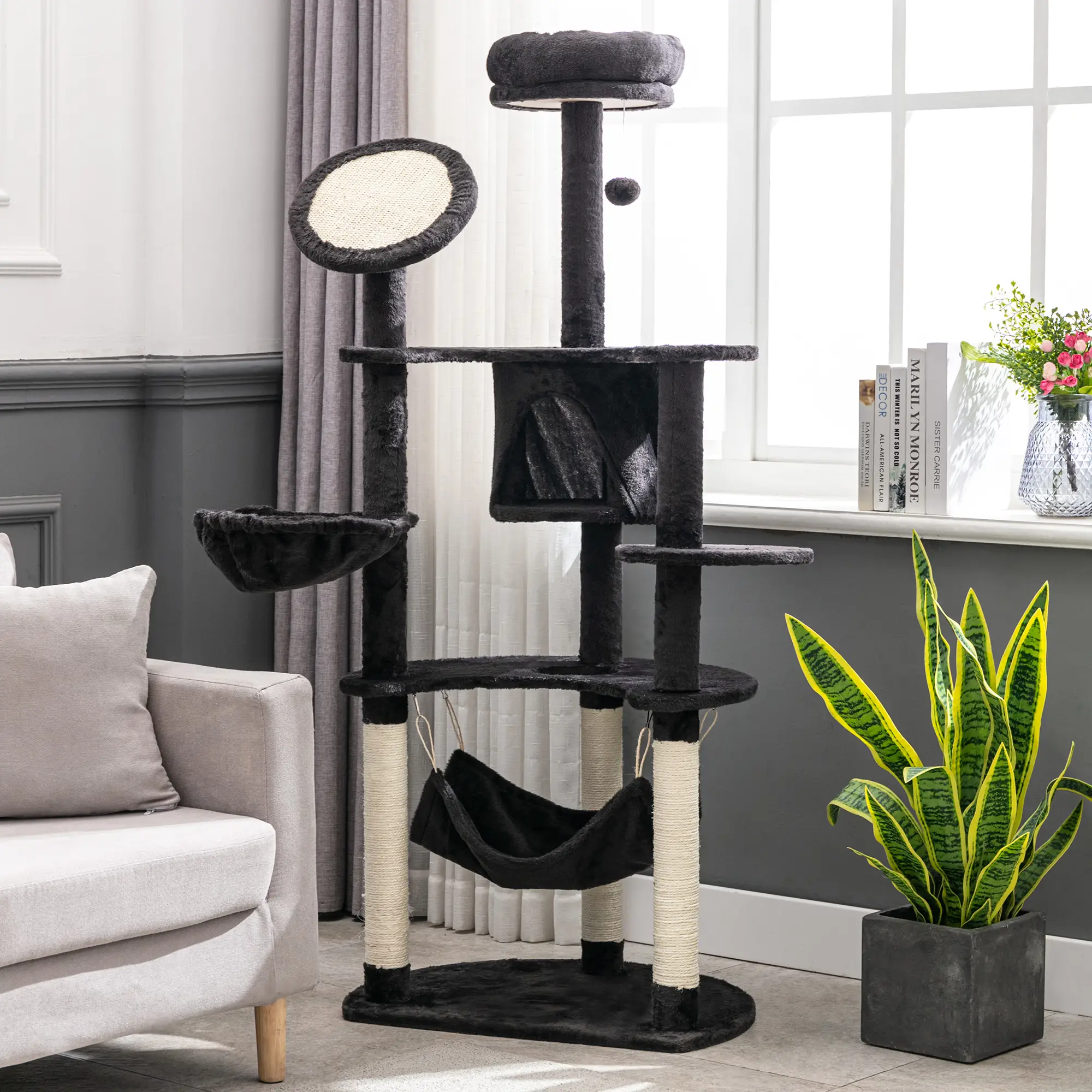 60" Multi-Level Plush Cat Tree, Scratching Posts, 2 Hammocks, Dark Grey - Image 8