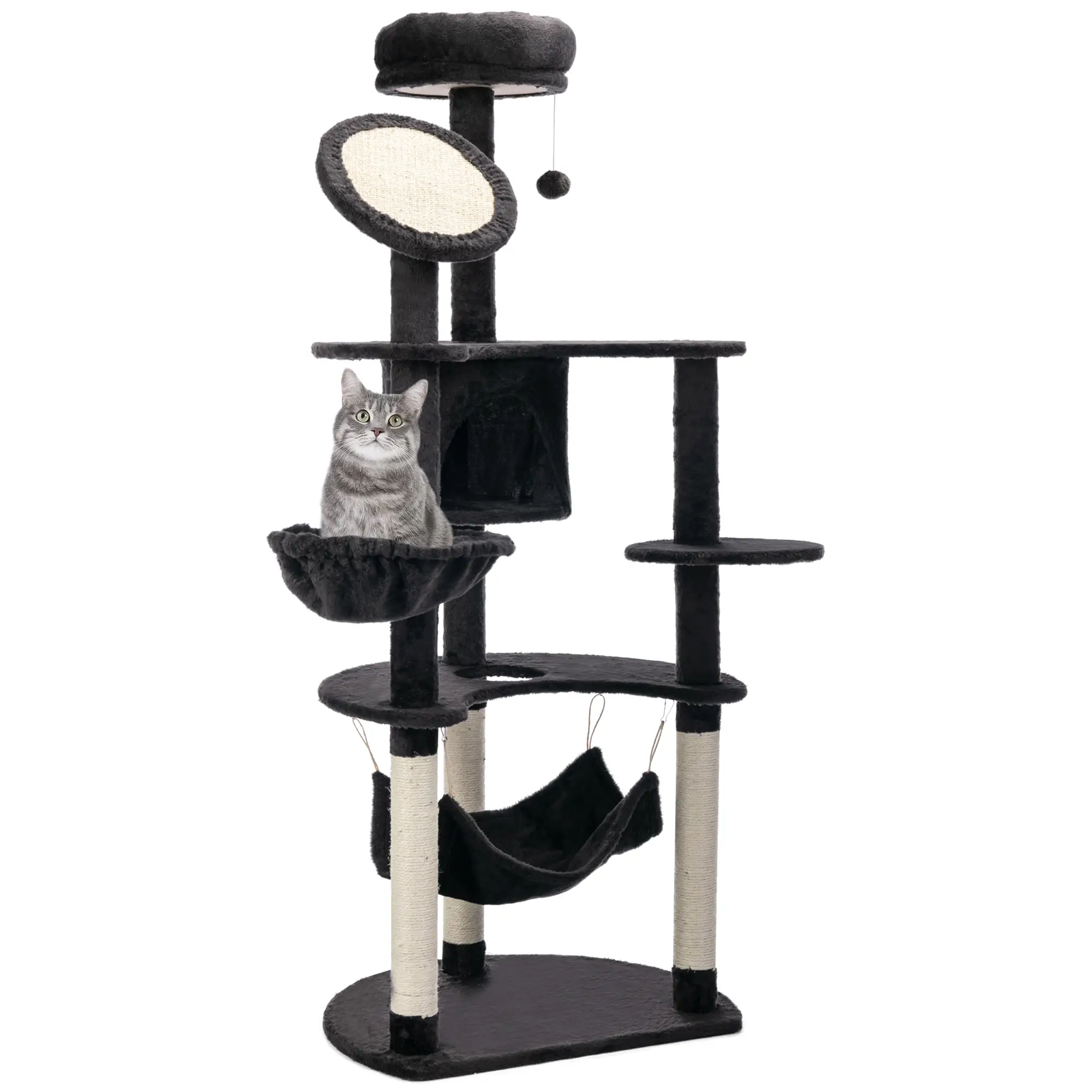 60" Multi-Level Plush Cat Tree, Scratching Posts, 2 Hammocks, Dark Grey - Image 9