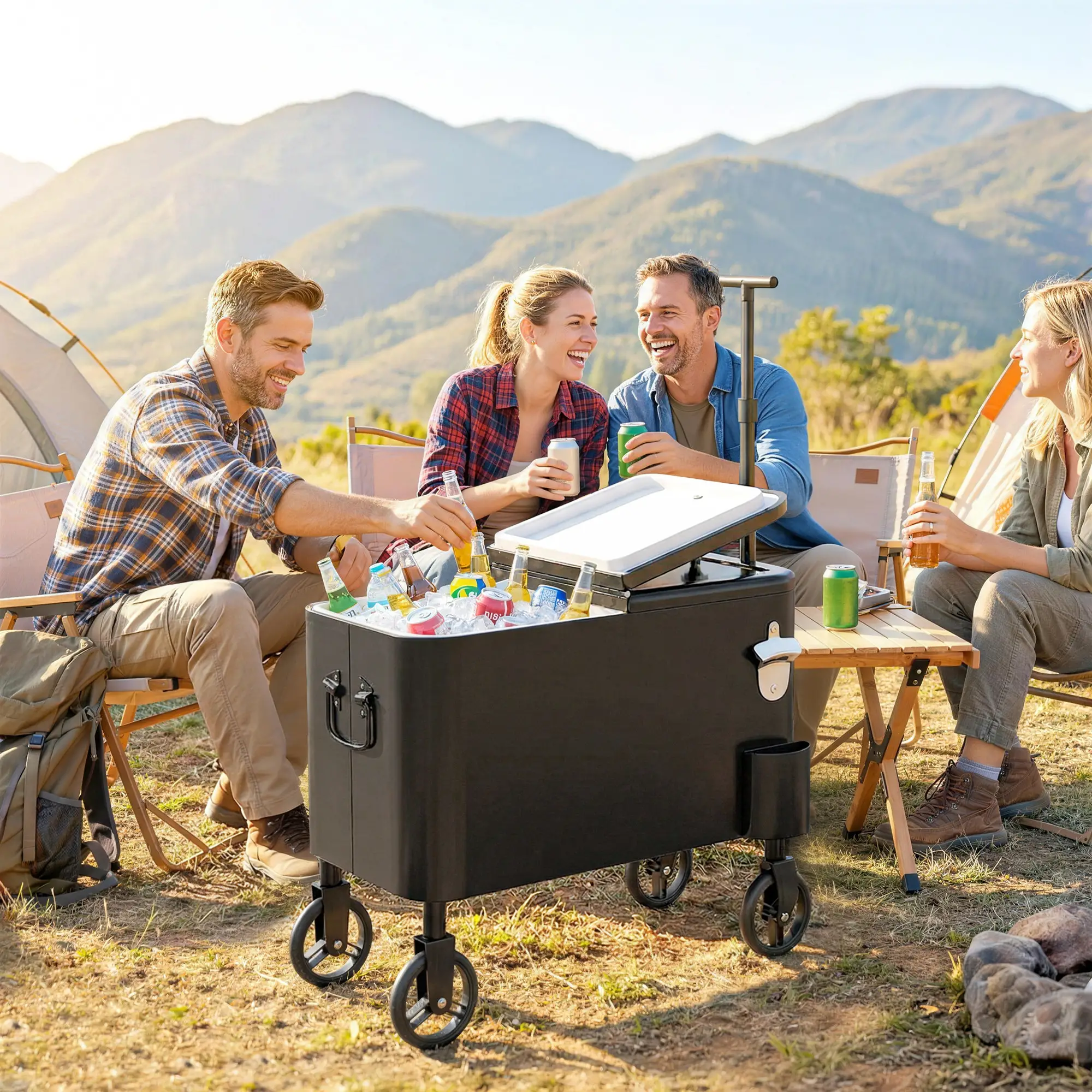 60-Qt Outdoor Patio Cooler Cart, Rolling Ice Chest, Black - Image 2