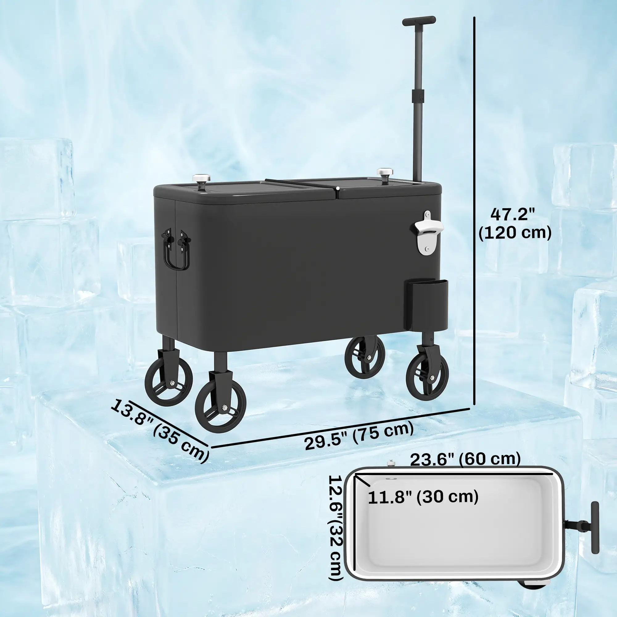 60-Qt Outdoor Patio Cooler Cart, Rolling Ice Chest, Black - Image 3