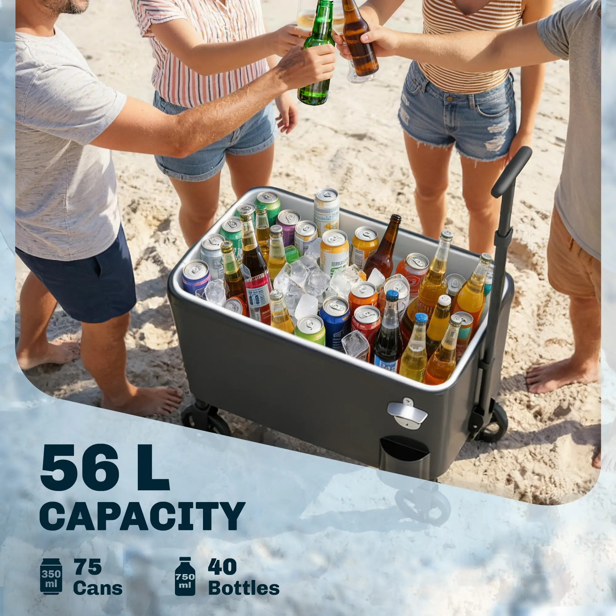 60-Qt Outdoor Patio Cooler Cart, Rolling Ice Chest, Black - Image 4