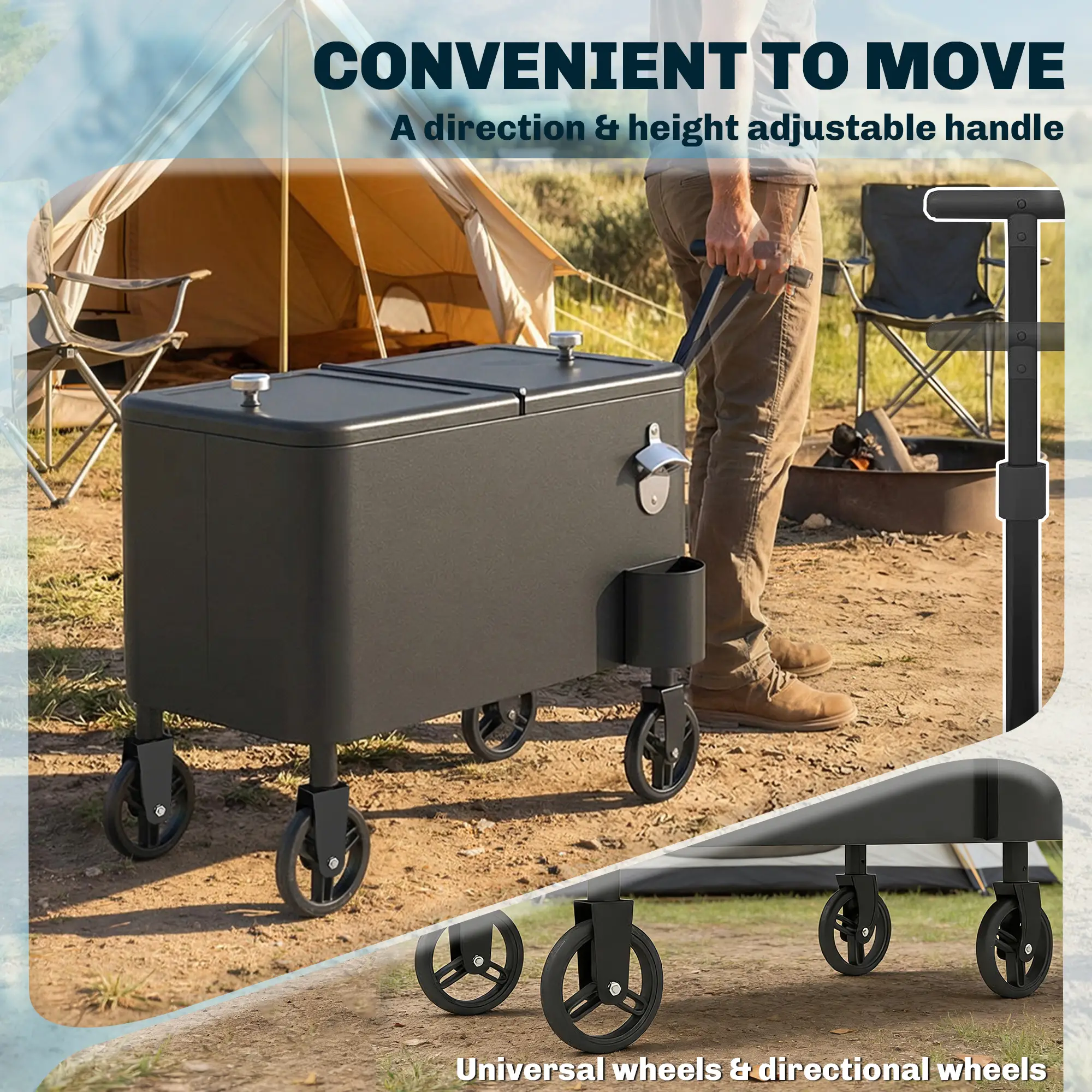 60-Qt Outdoor Patio Cooler Cart, Rolling Ice Chest, Black - Image 7