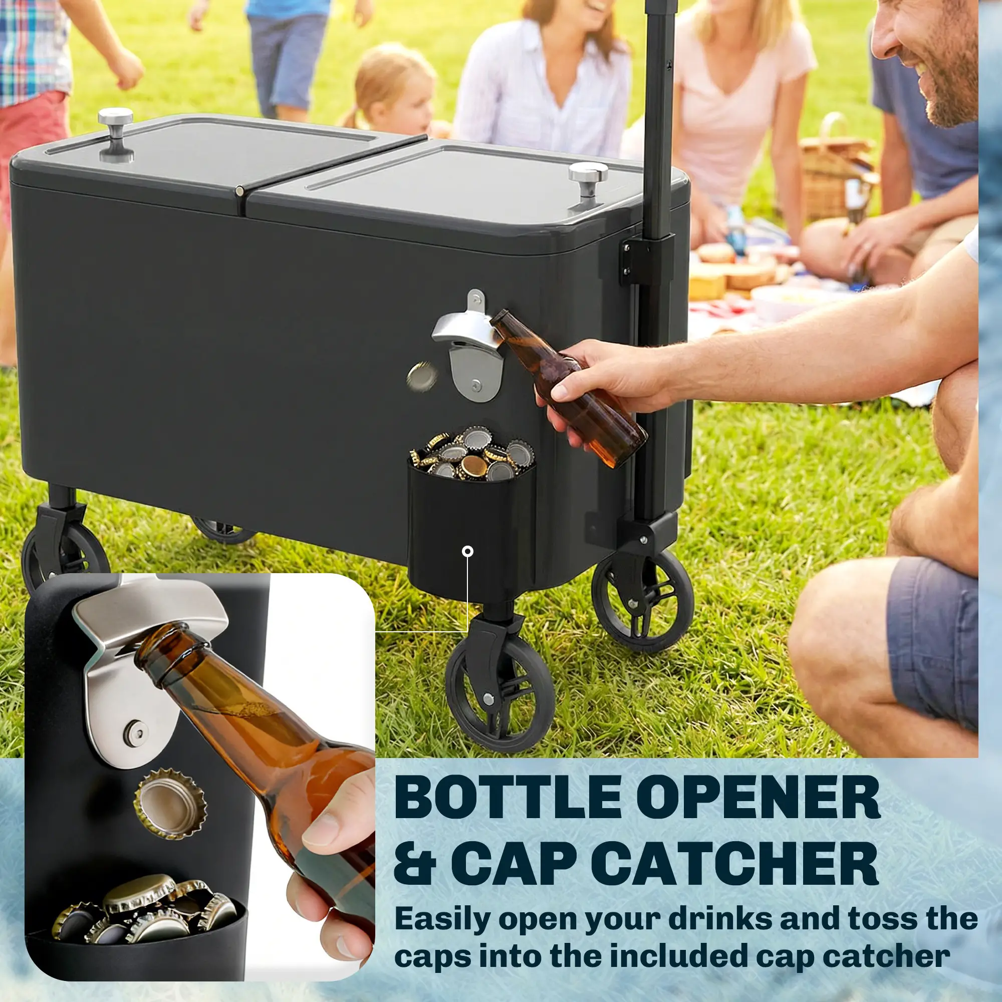 60-Qt Outdoor Patio Cooler Cart, Rolling Ice Chest, Black - Image 9