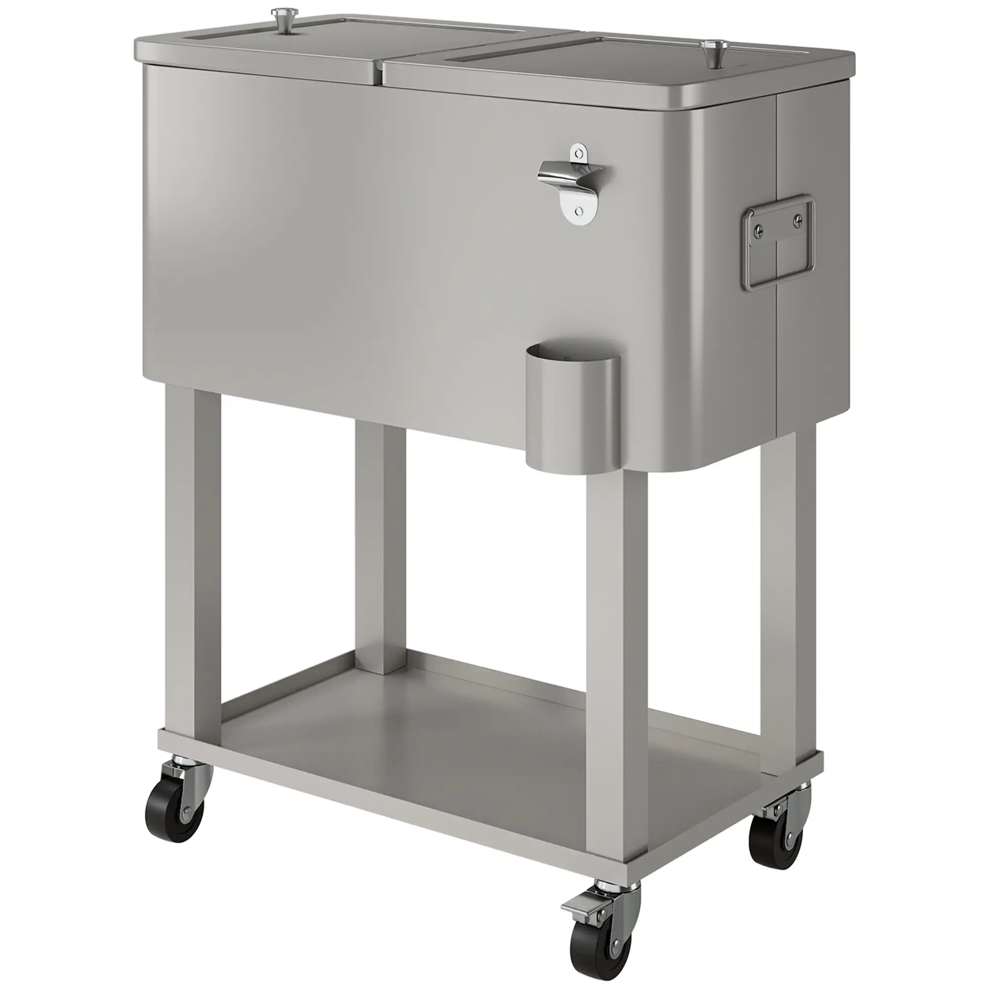 60 Quart Rolling Outdoor Cooler, Portable Cart With Locking Wheels, Silver