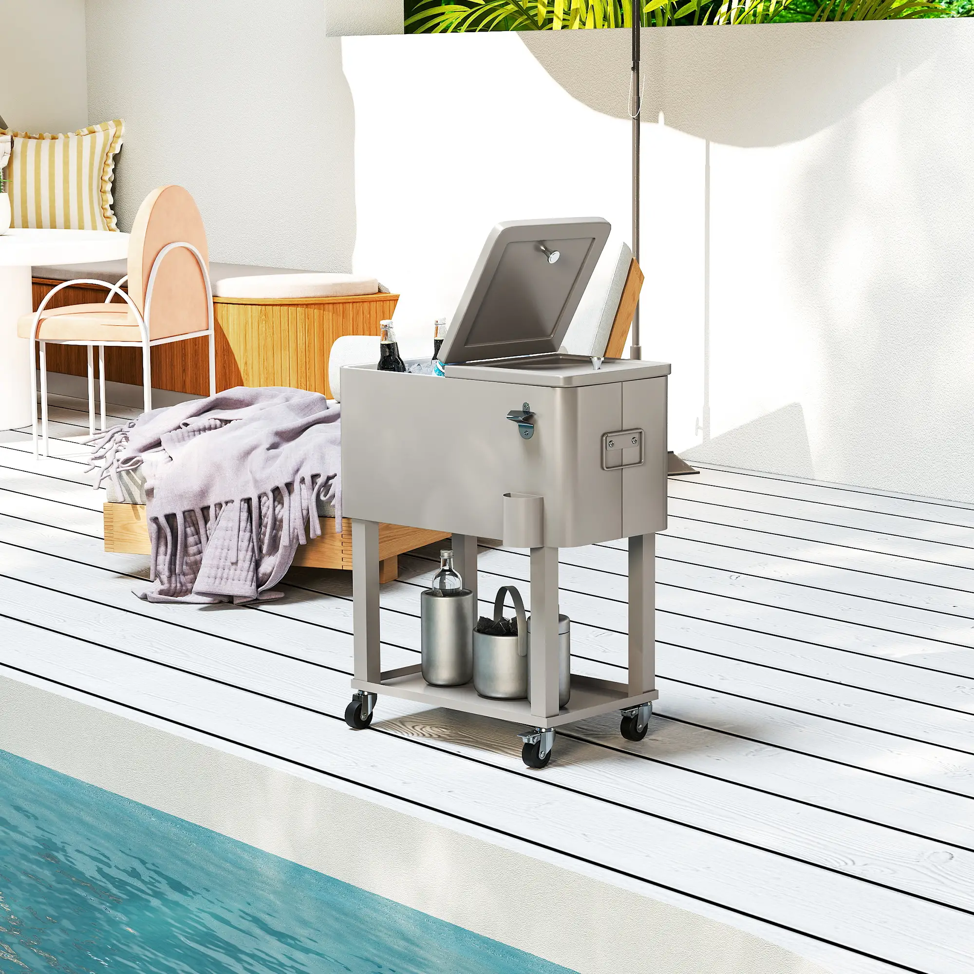 60 Quart Rolling Outdoor Cooler, Portable Cart With Locking Wheels, Silver - Image 8