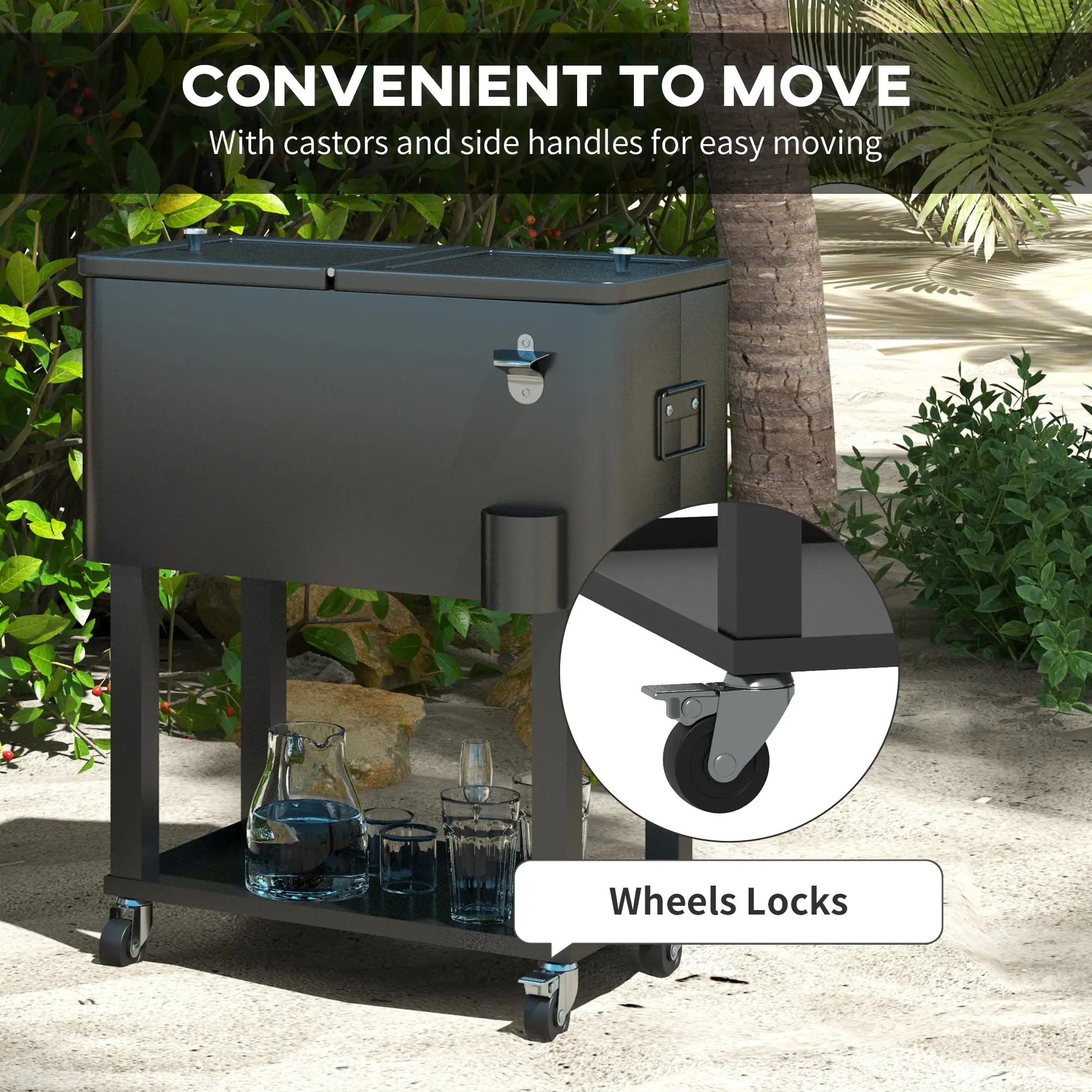 60 Quart Rolling Outdoor Cooler, Portable Cart with Wheels, Storage Shelf, Black - Image 7