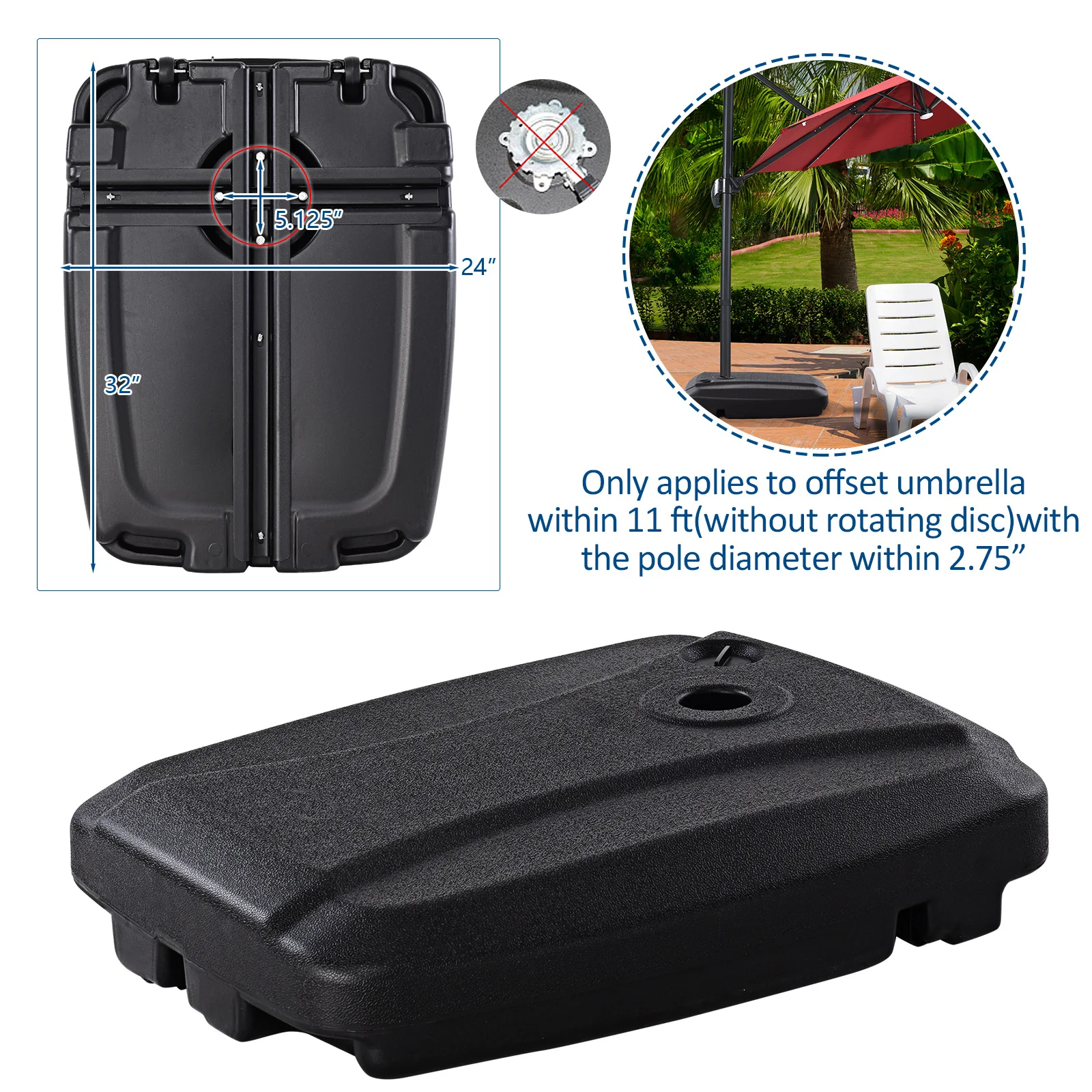 60L Plastic Weighted Fill Water Sand Wheel Patio Umbrella Base, Black - Image 6