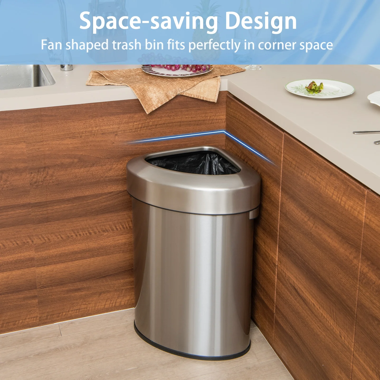 60L Stainless Steel Corner Trash Bin With Lid, Silver - Image 10