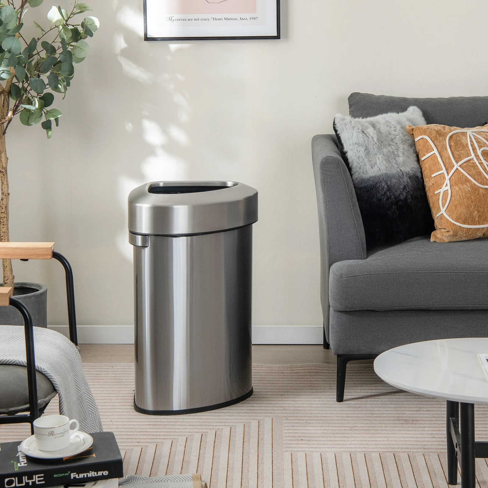 60L Stainless Steel Corner Trash Bin With Lid, Silver - Image 3