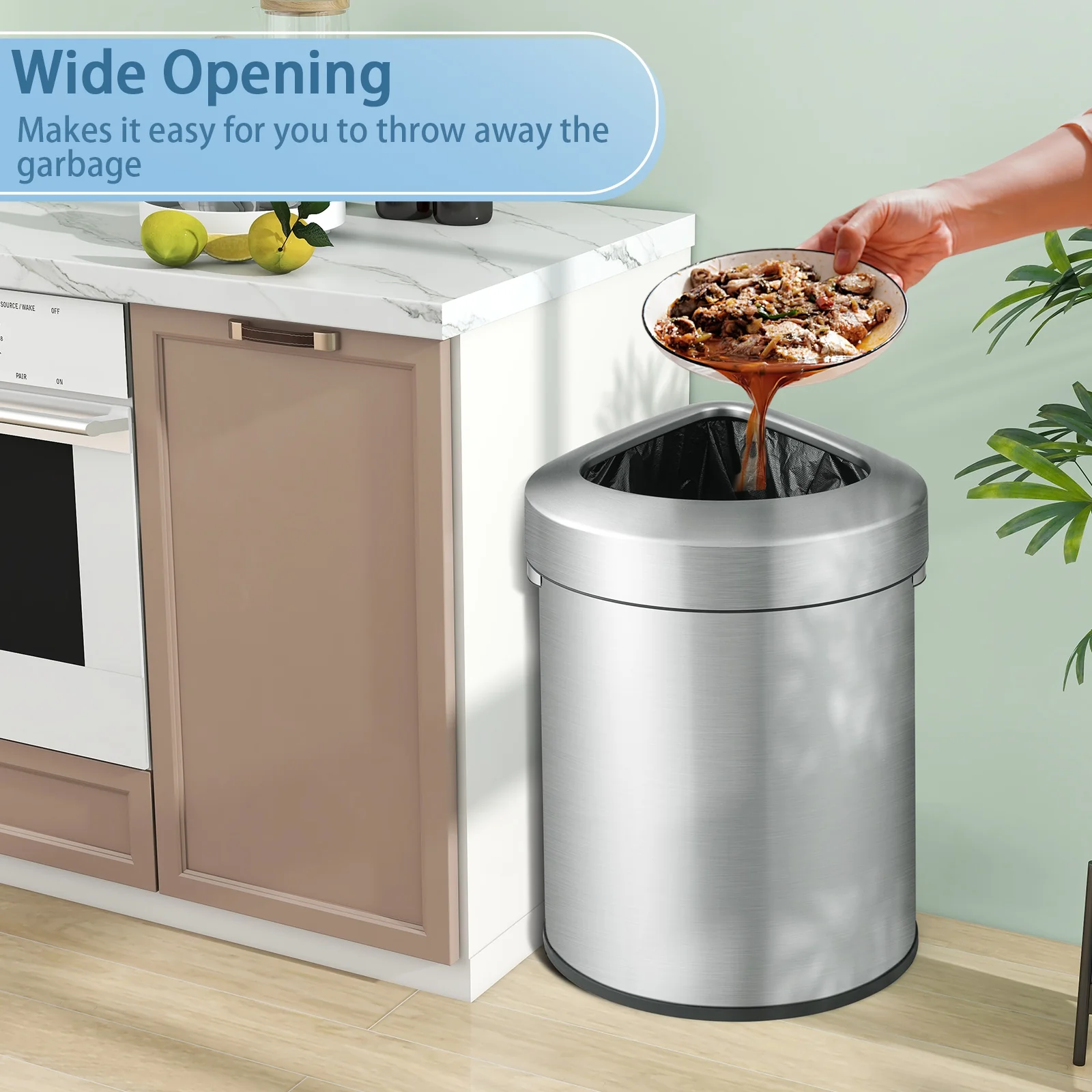 60L Stainless Steel Corner Trash Bin With Lid, Silver - Image 8