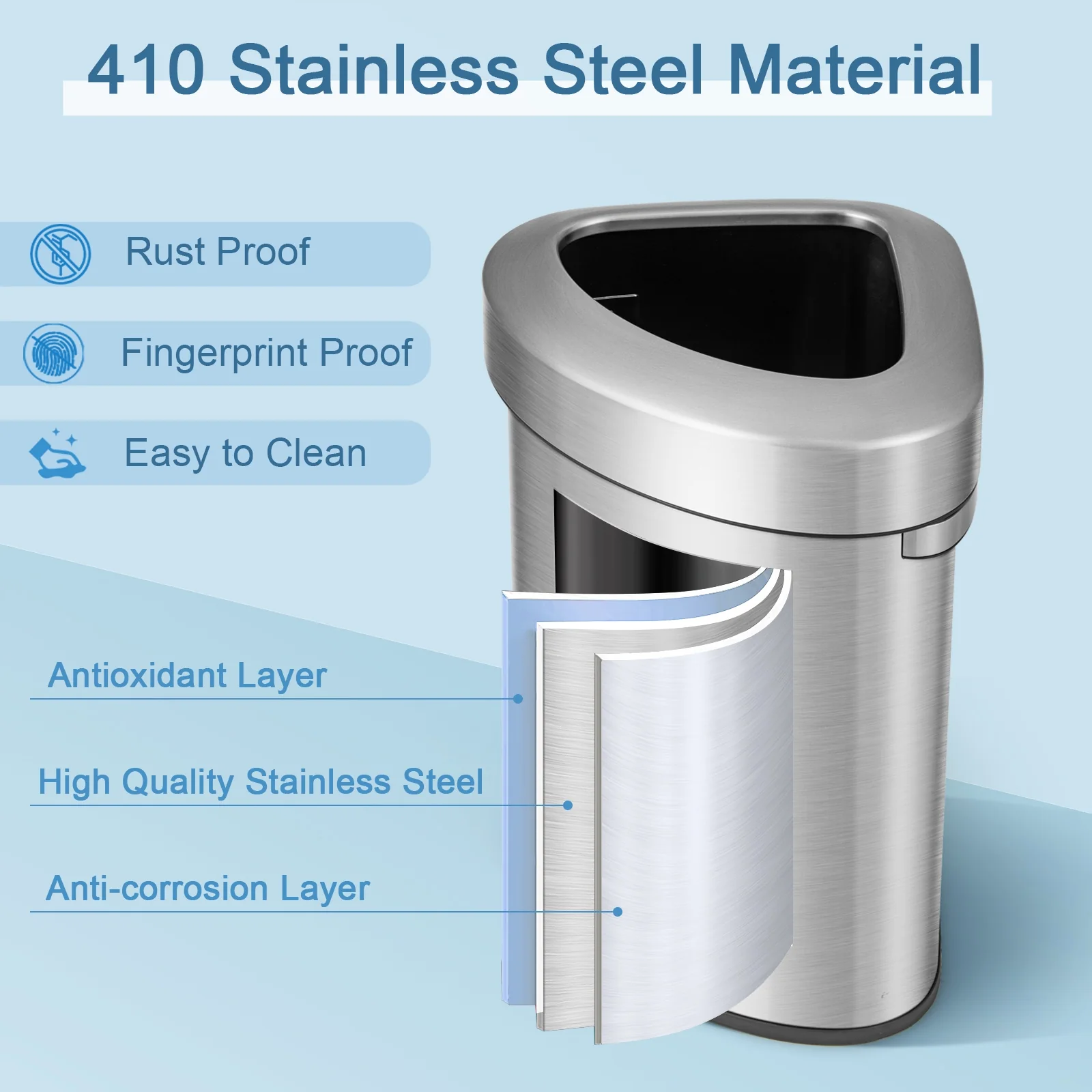 60L Stainless Steel Corner Trash Bin With Lid, Silver - Image 9