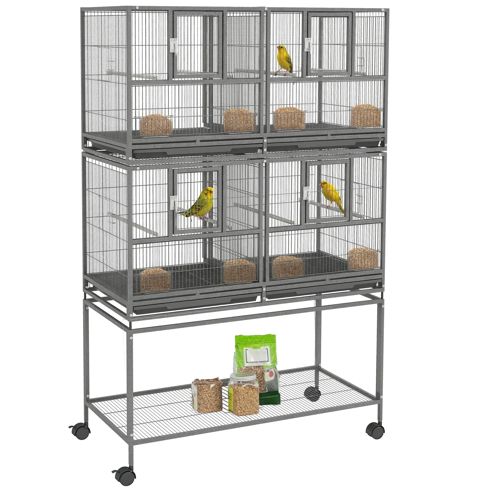 61"H Divided Breeder Bird Cage, Rolling Stand, Removable Tray, Dark Grey