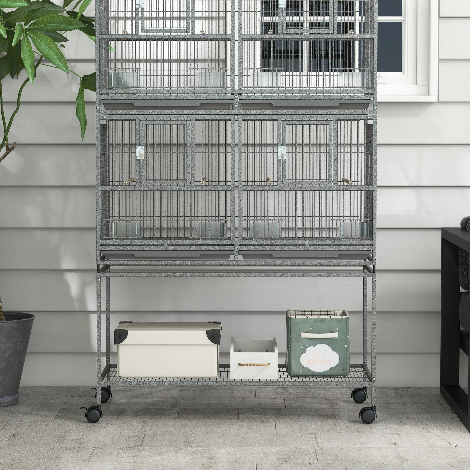 61"H Divided Breeder Bird Cage, Rolling Stand, Removable Tray, Dark Grey - Image 10