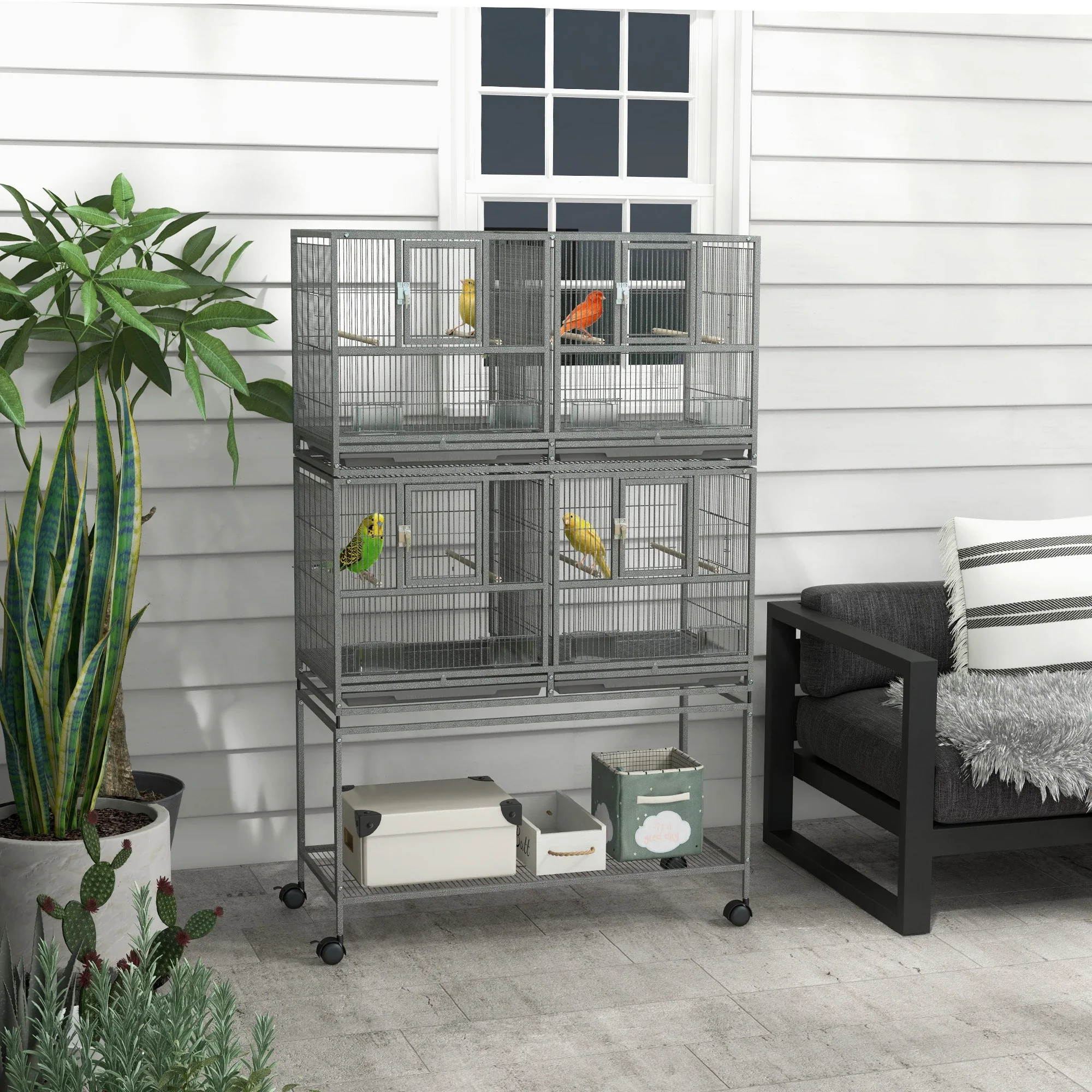 61"H Divided Breeder Bird Cage, Rolling Stand, Removable Tray, Dark Grey - Image 2