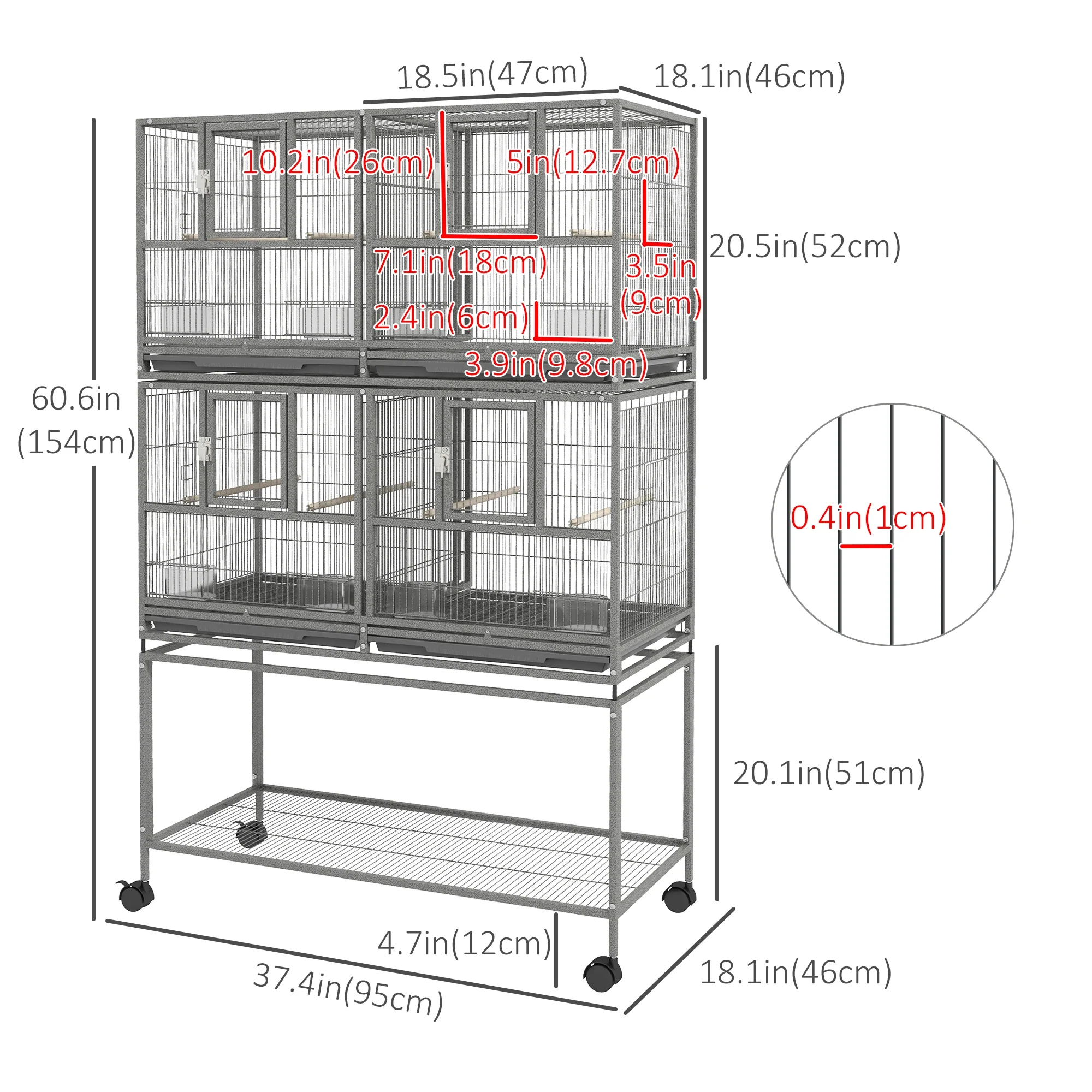 61"H Divided Breeder Bird Cage, Rolling Stand, Removable Tray, Dark Grey - Image 3