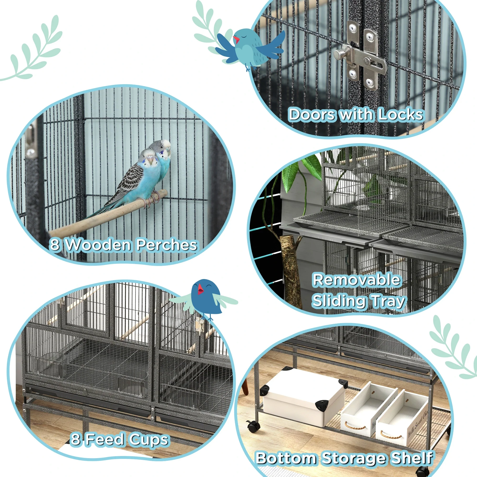 61"H Divided Breeder Bird Cage, Rolling Stand, Removable Tray, Dark Grey - Image 4