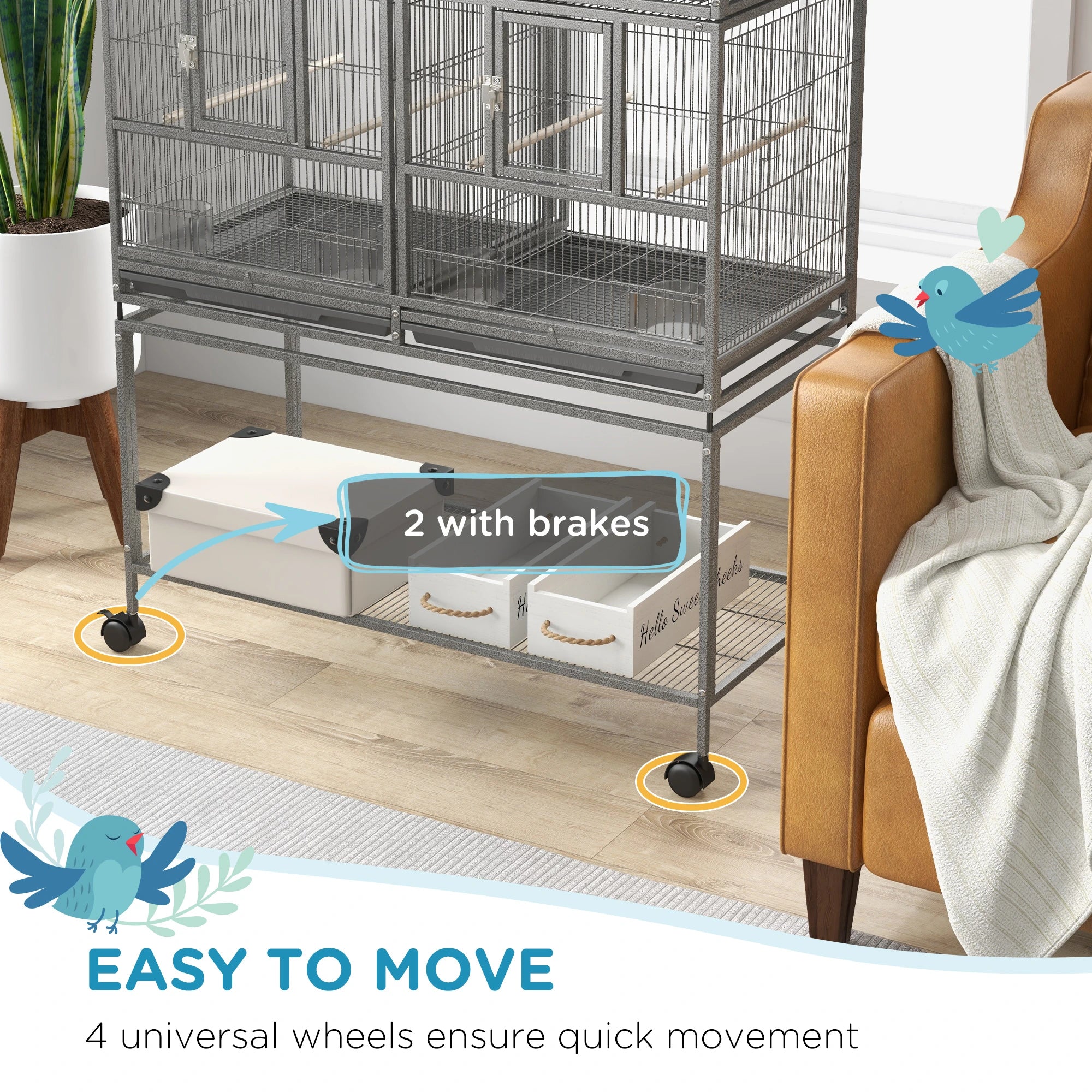 61"H Divided Breeder Bird Cage, Rolling Stand, Removable Tray, Dark Grey - Image 6