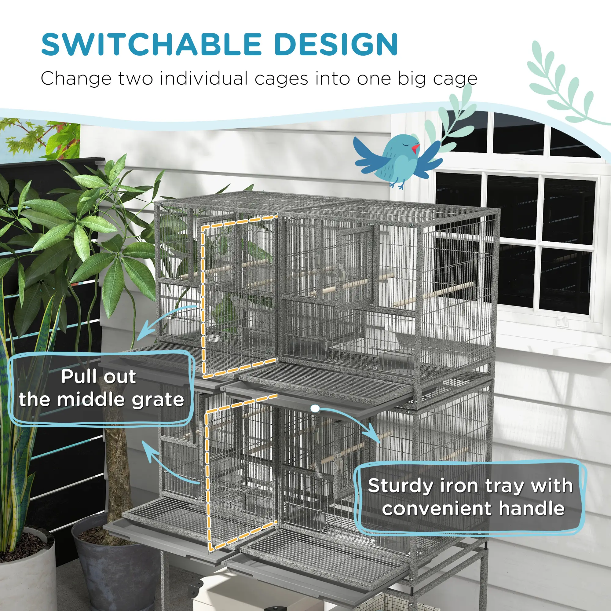 61"H Divided Breeder Bird Cage, Rolling Stand, Removable Tray, Dark Grey - Image 7
