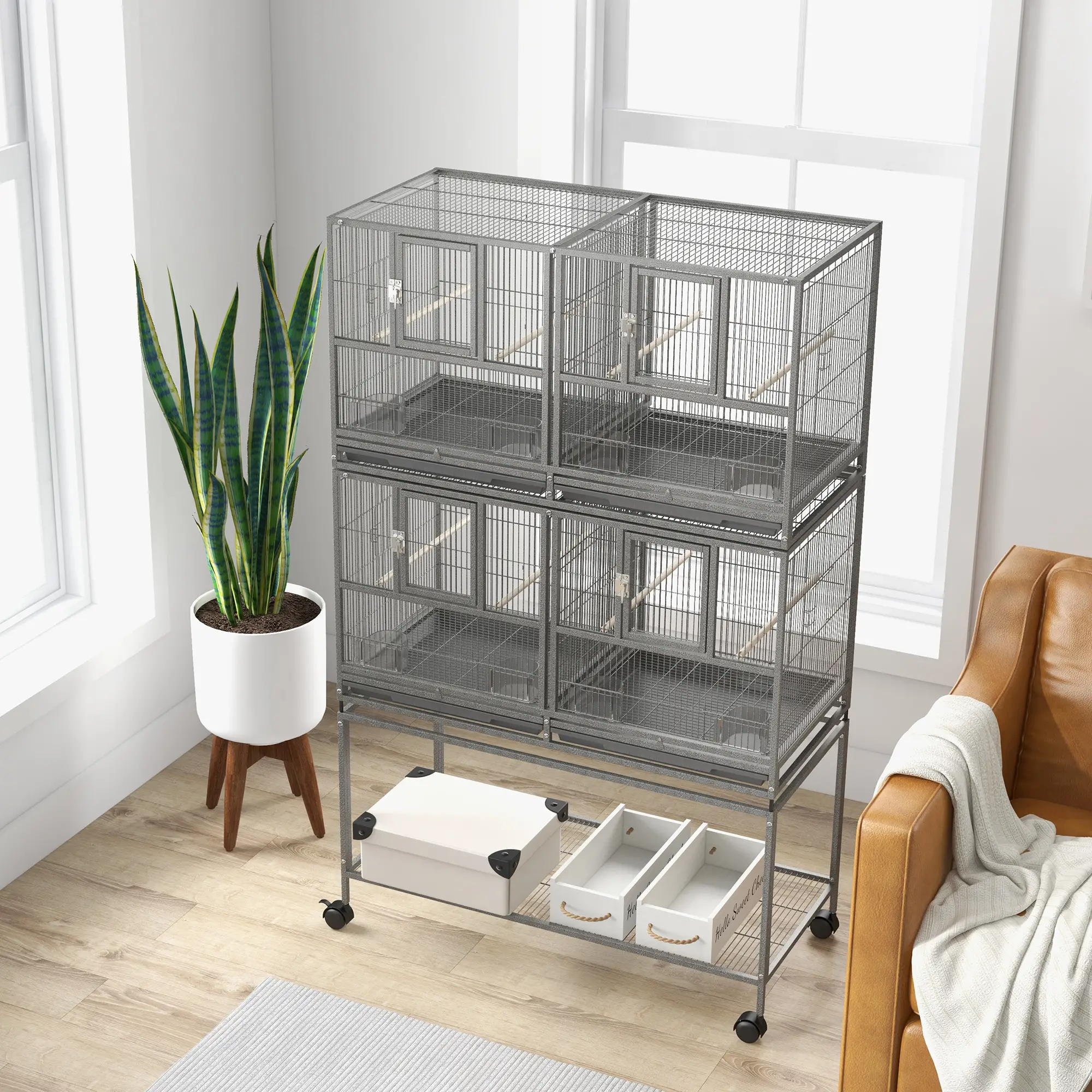 61"H Divided Breeder Bird Cage, Rolling Stand, Removable Tray, Dark Grey - Image 9