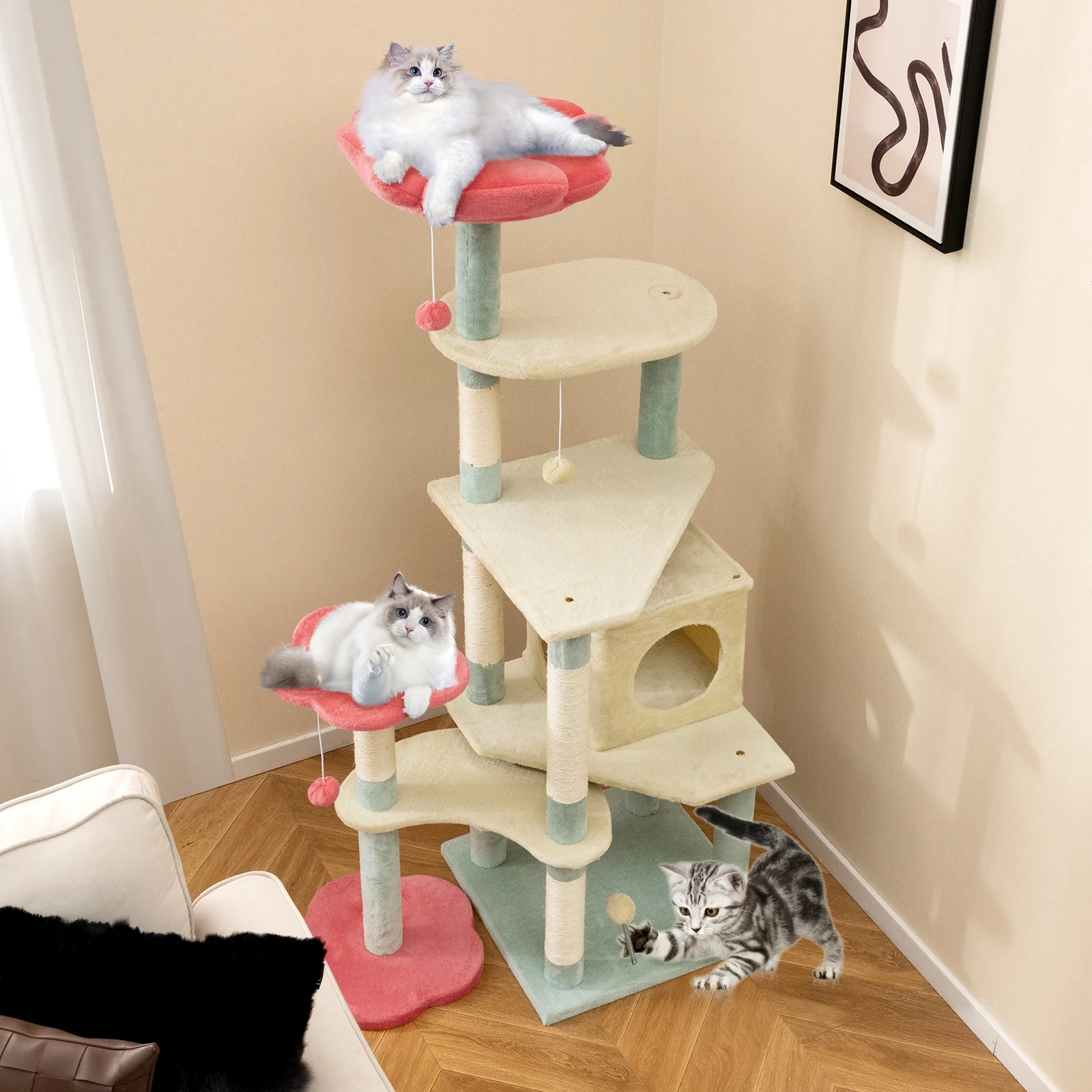 61 Inch Multi-Level Floral Kitten Tower, Flower-Shaped Padded Perch, Multicolor - Image 2