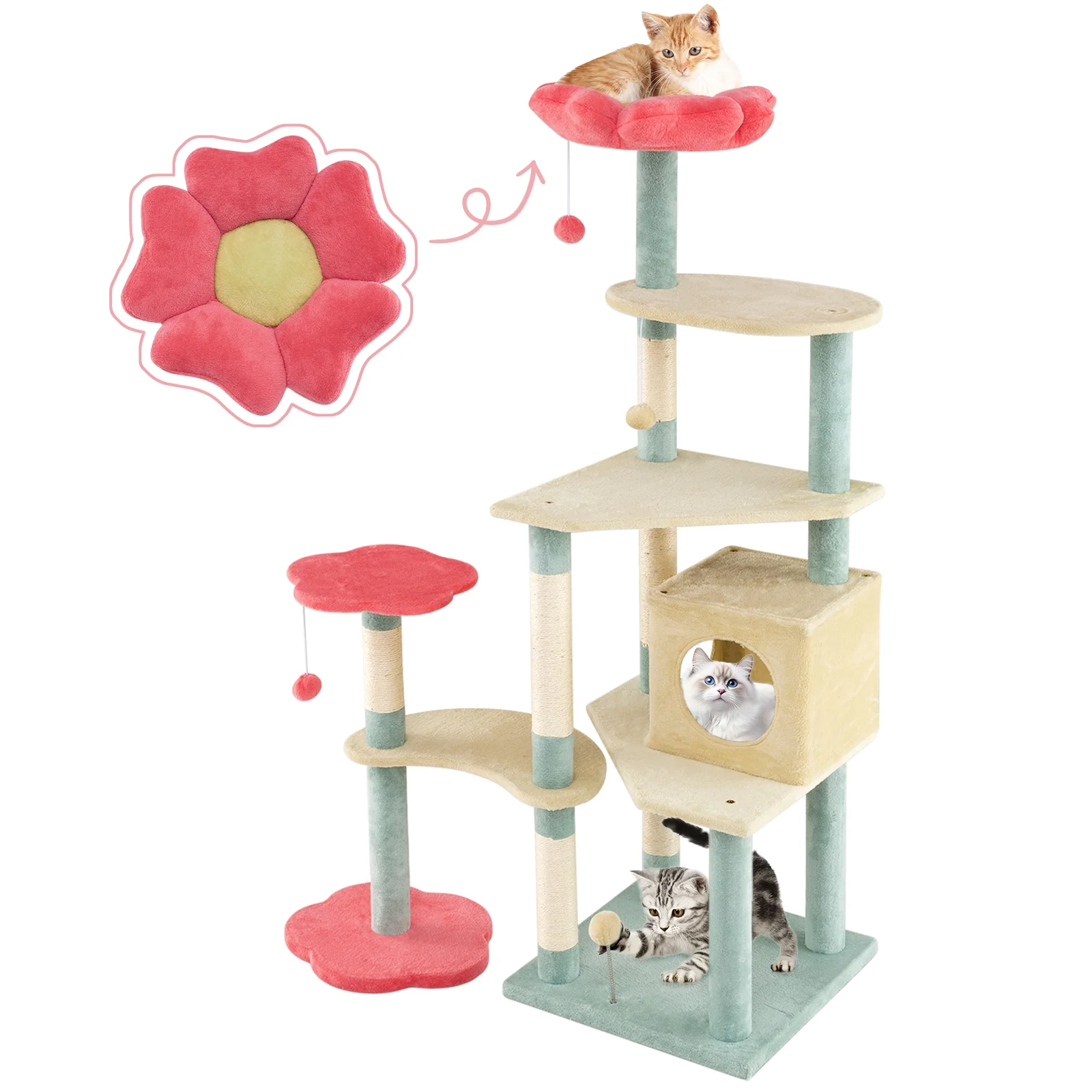 61 Inch Multi-Level Floral Kitten Tower, Flower-Shaped Padded Perch, Multicolor - Image 4