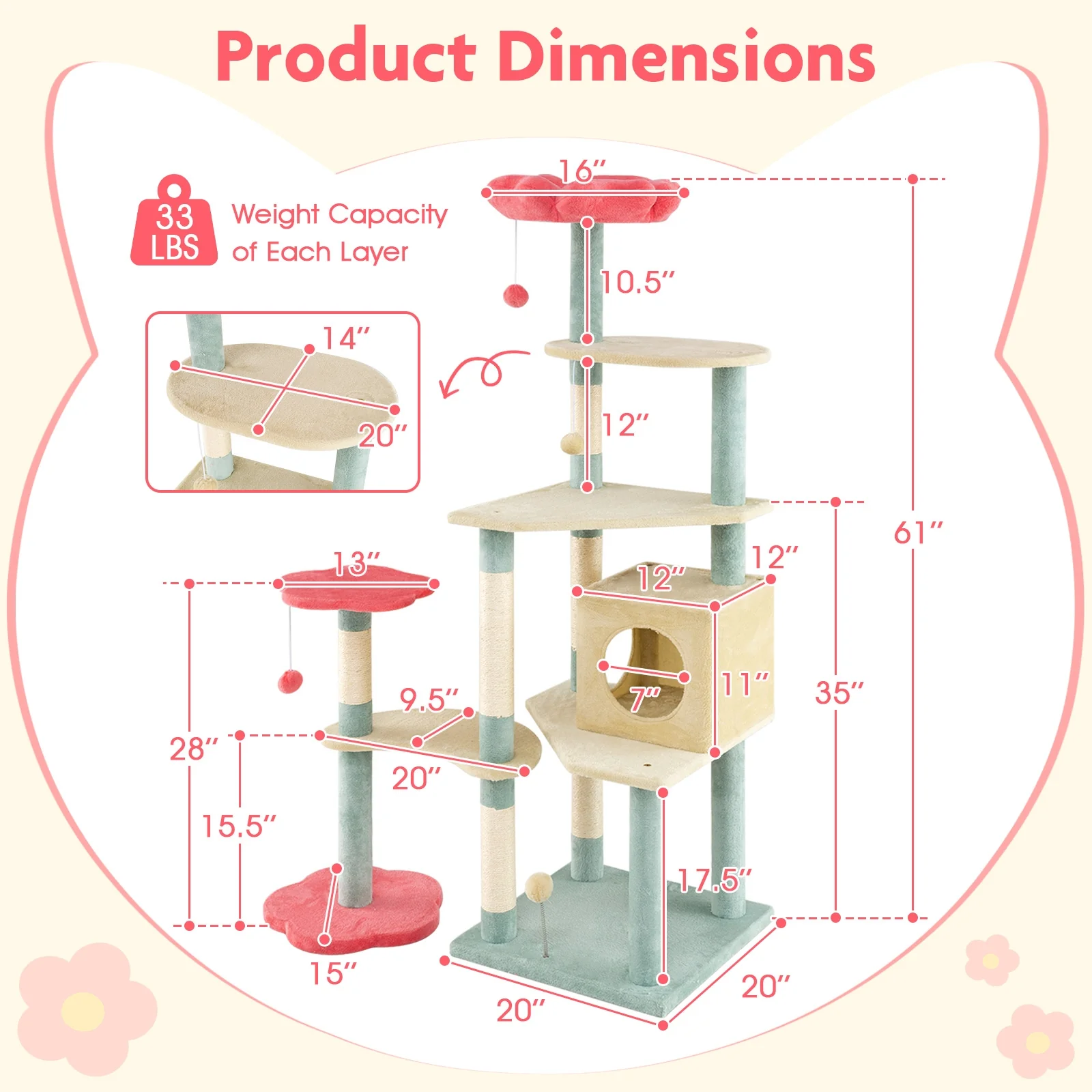 61 Inch Multi-Level Floral Kitten Tower, Flower-Shaped Padded Perch, Multicolor - Image 6
