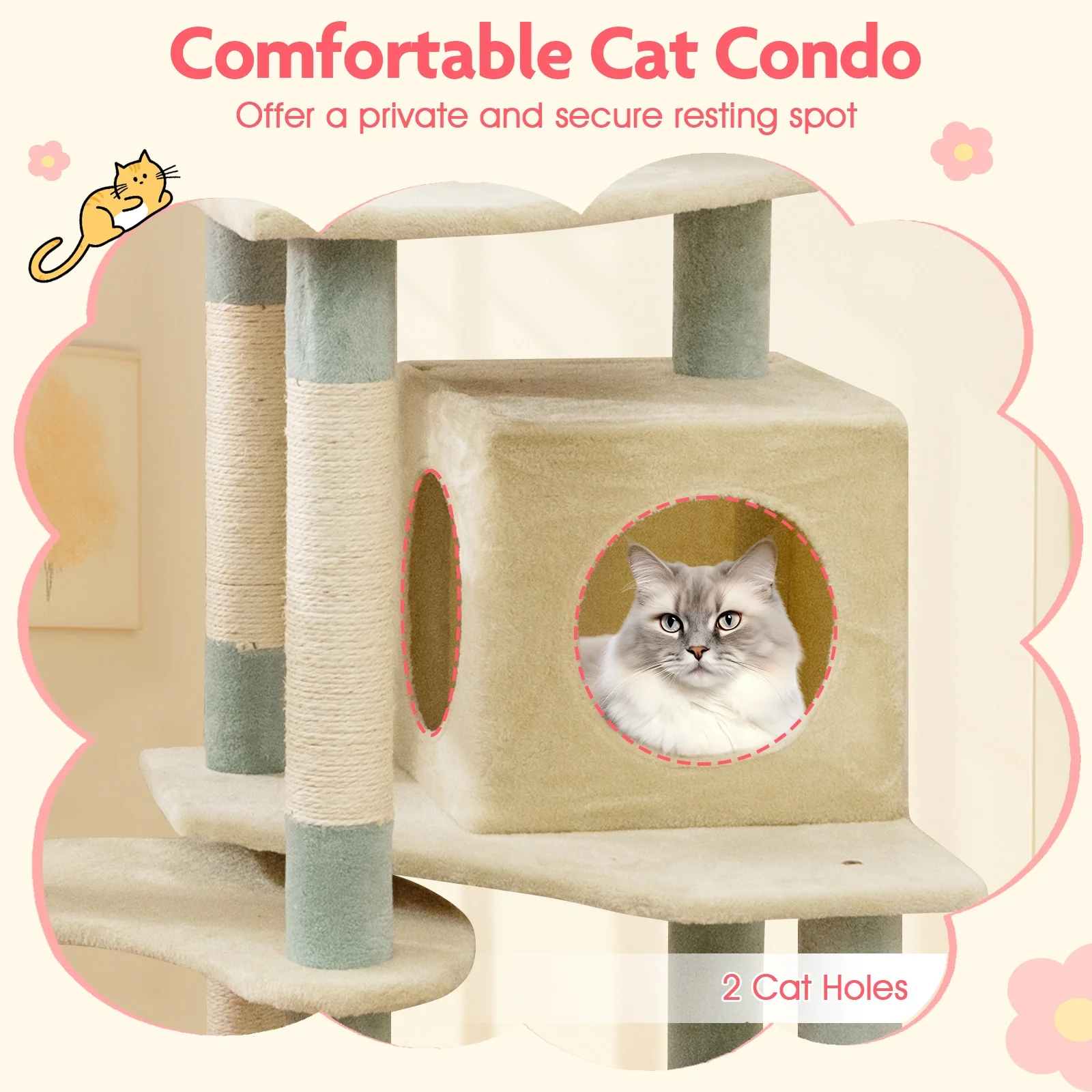 61 Inch Multi-Level Floral Kitten Tower, Flower-Shaped Padded Perch, Multicolor - Image 8