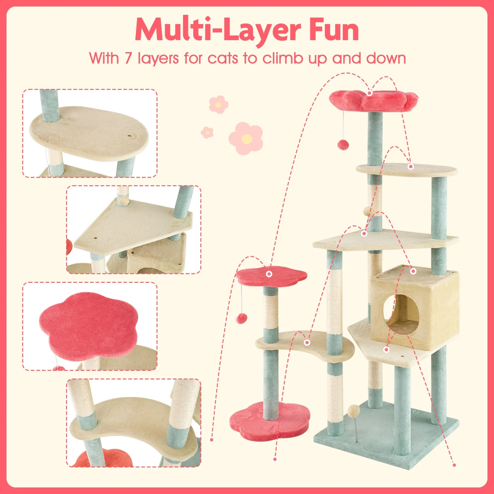 61 Inch Multi-Level Floral Kitten Tower, Flower-Shaped Padded Perch, Multicolor - Image 9
