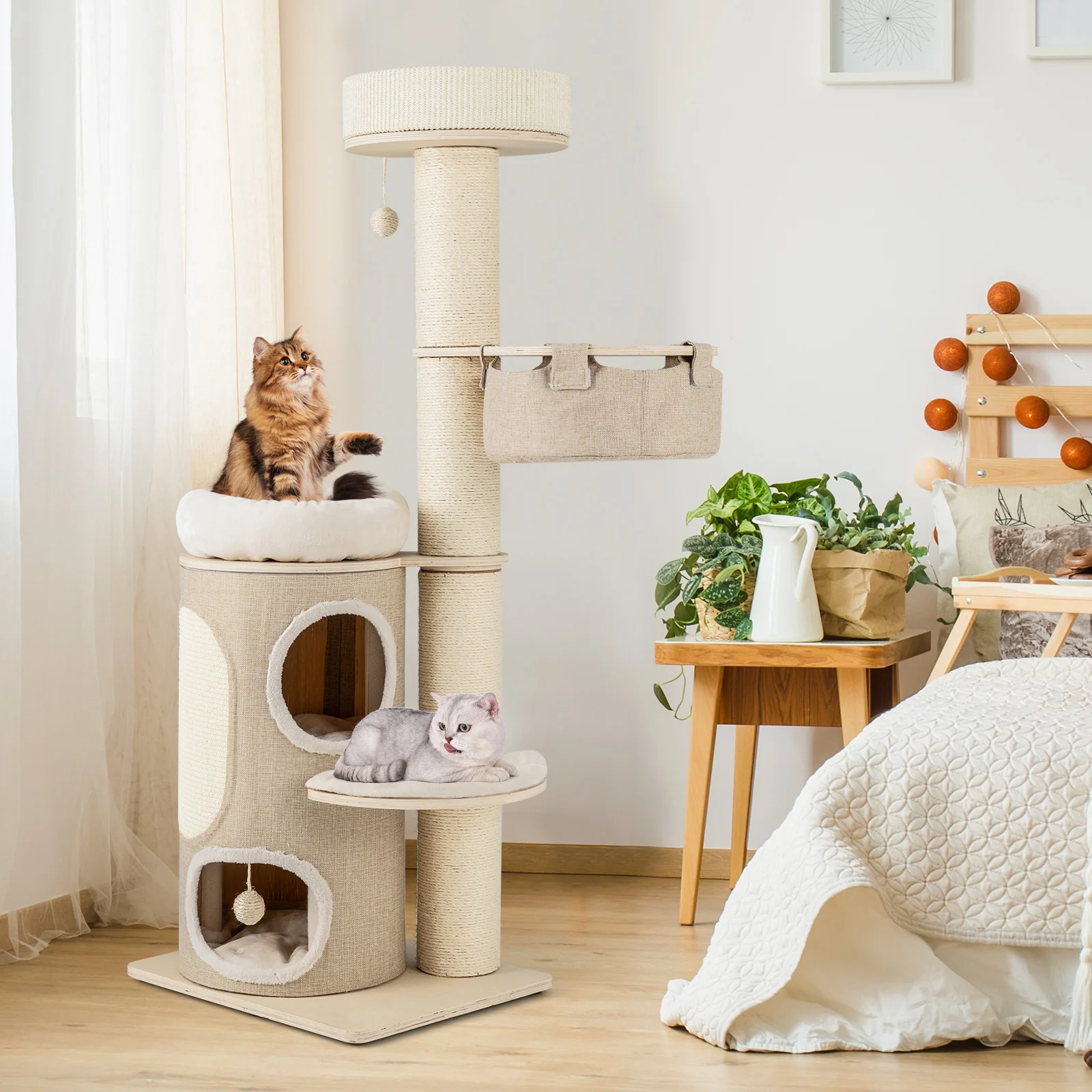 61 Inches Cat Tree, 2-Story Condo, Top Perch, Natural - Image 3
