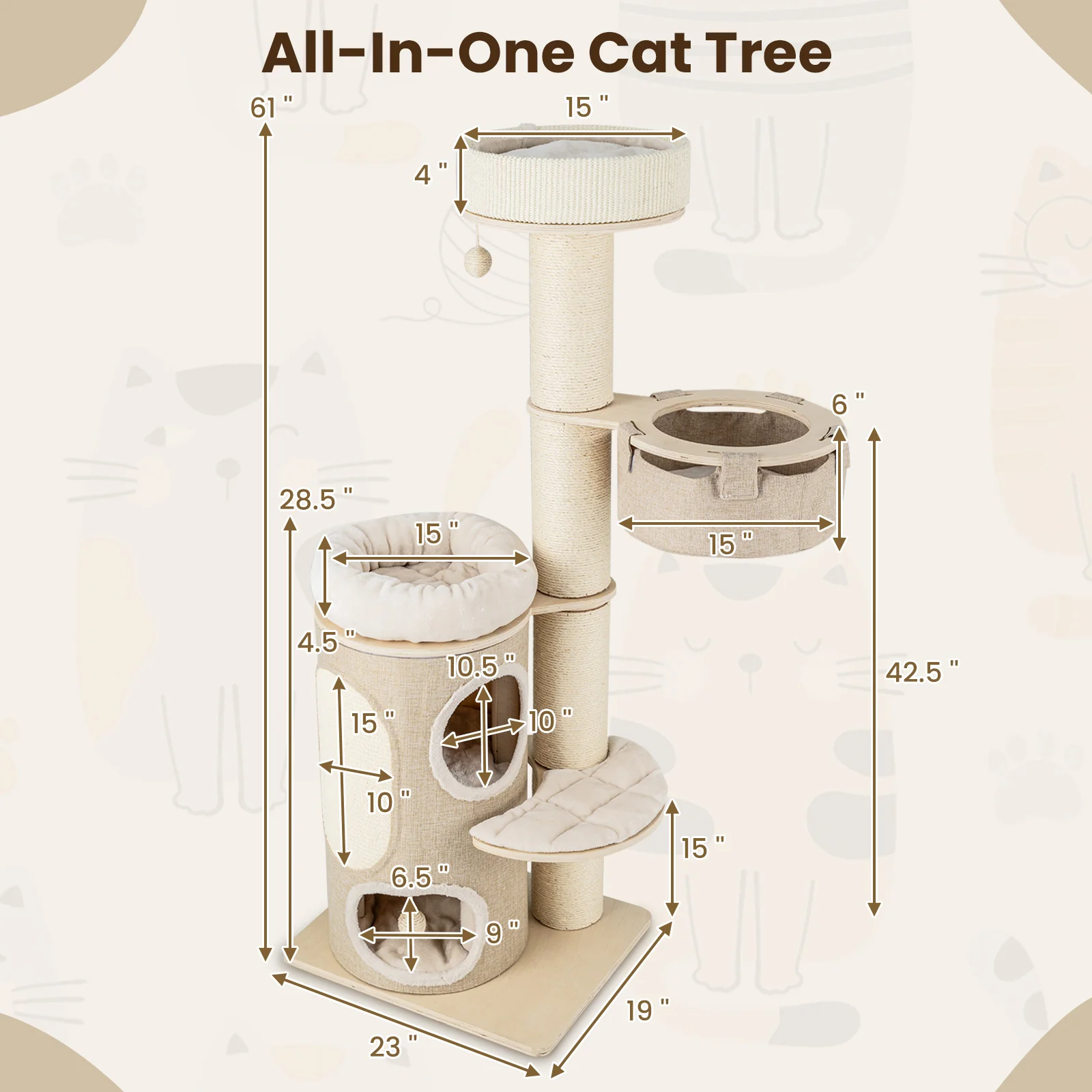 61 Inches Cat Tree, 2-Story Condo, Top Perch, Natural - Image 5