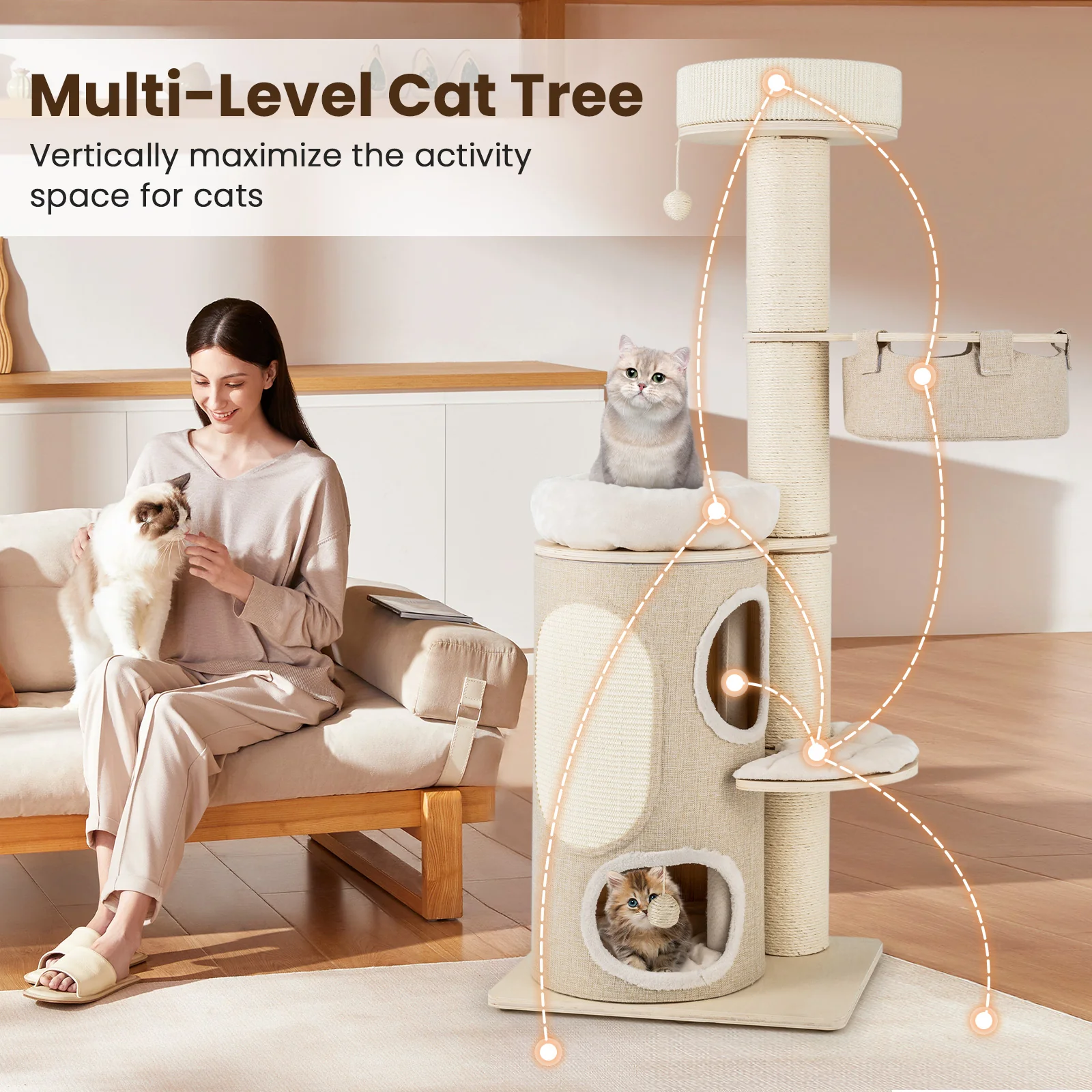 61 Inches Cat Tree, 2-Story Condo, Top Perch, Natural - Image 7