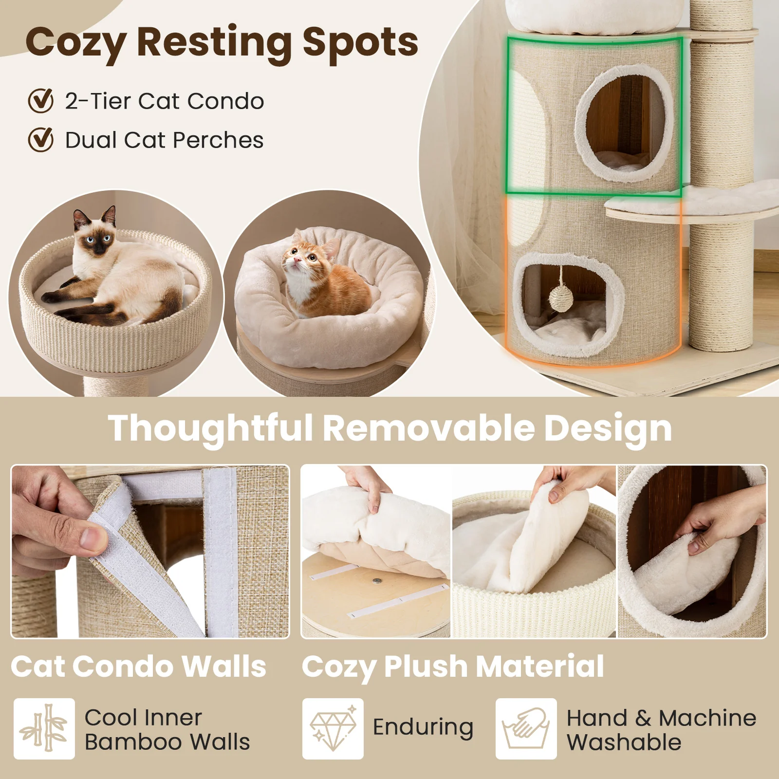 61 Inches Cat Tree, 2-Story Condo, Top Perch, Natural - Image 8