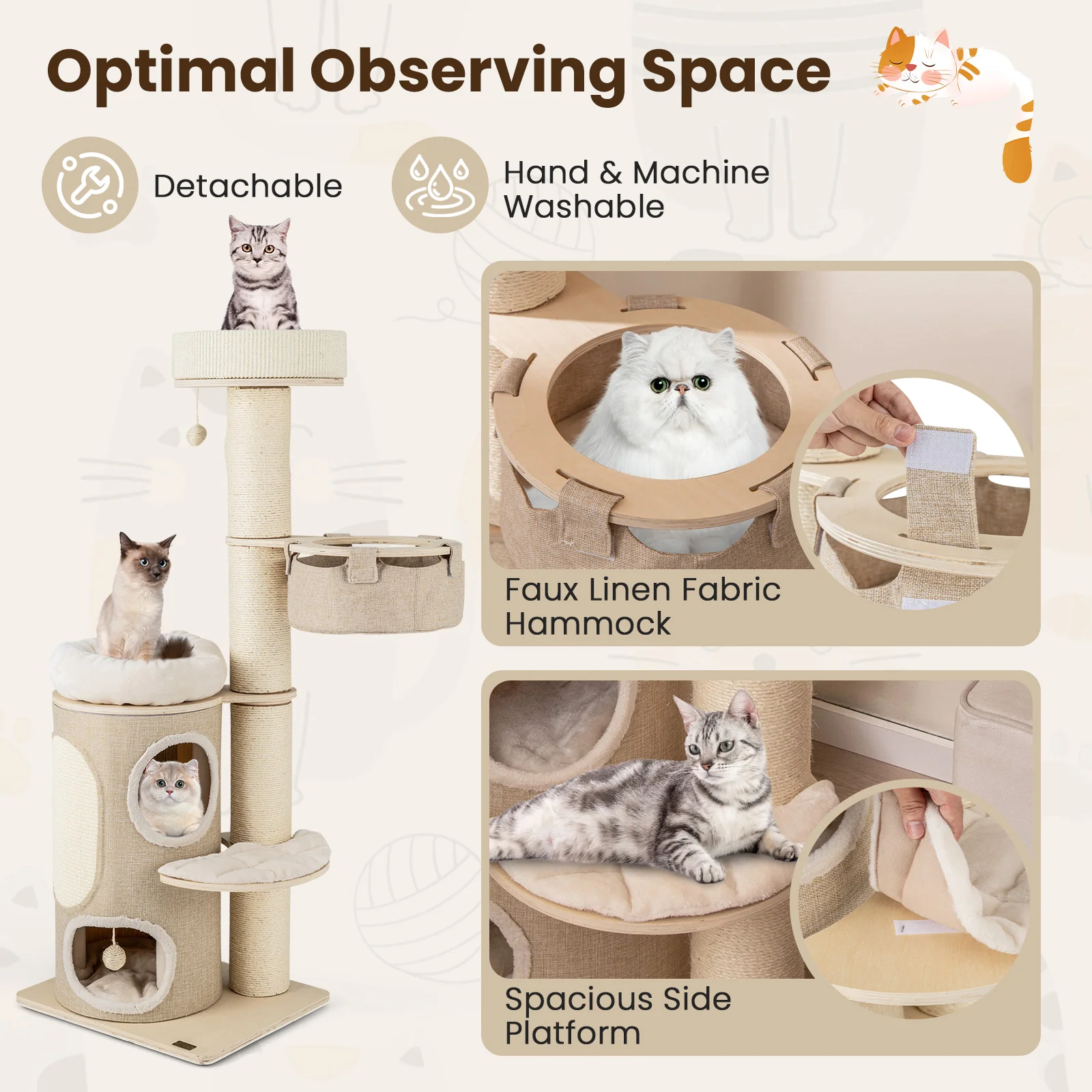 61 Inches Cat Tree, 2-Story Condo, Top Perch, Natural - Image 9