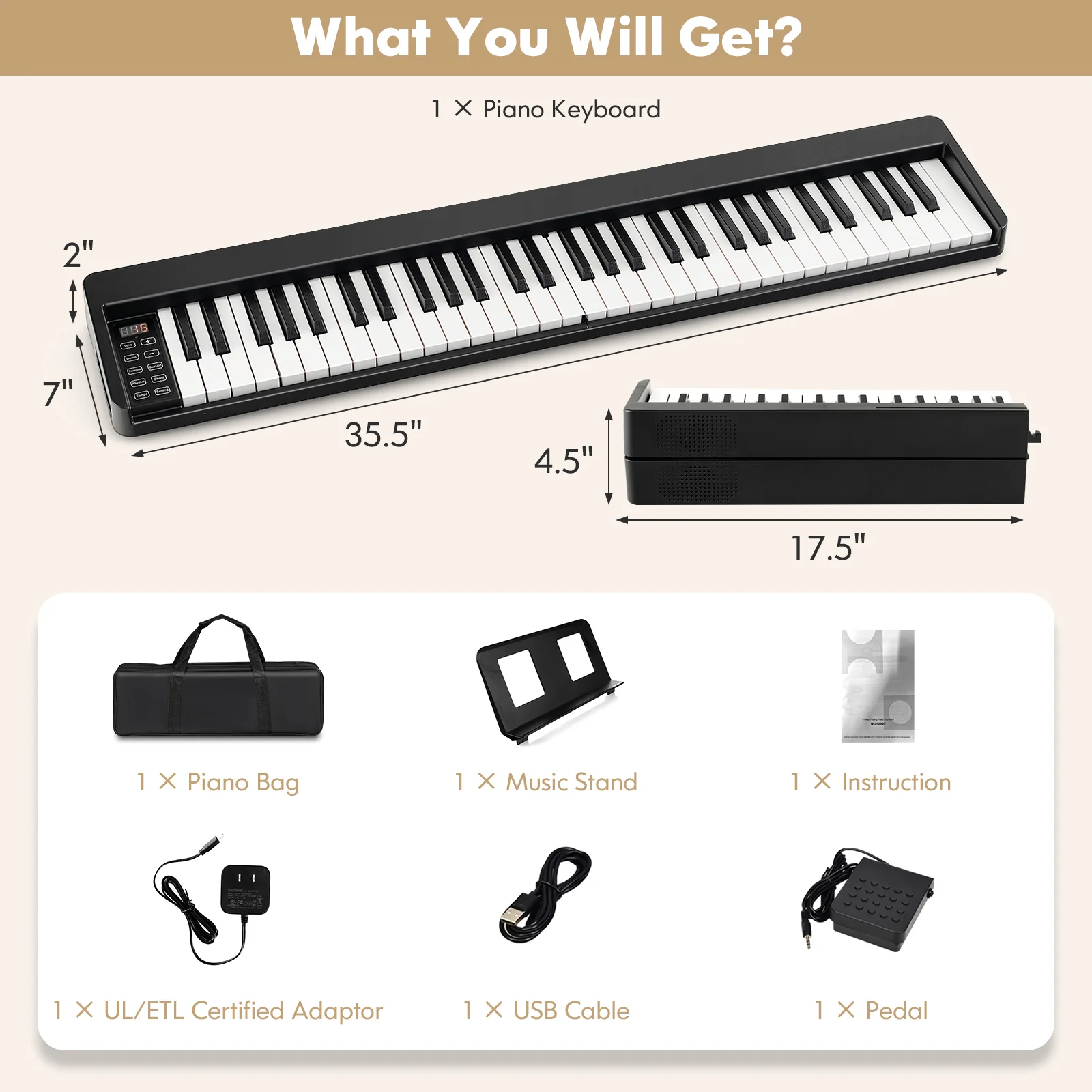 61-Key Folding Piano Keyboard, Full Size Keys, Music Stand, Black - Image 5