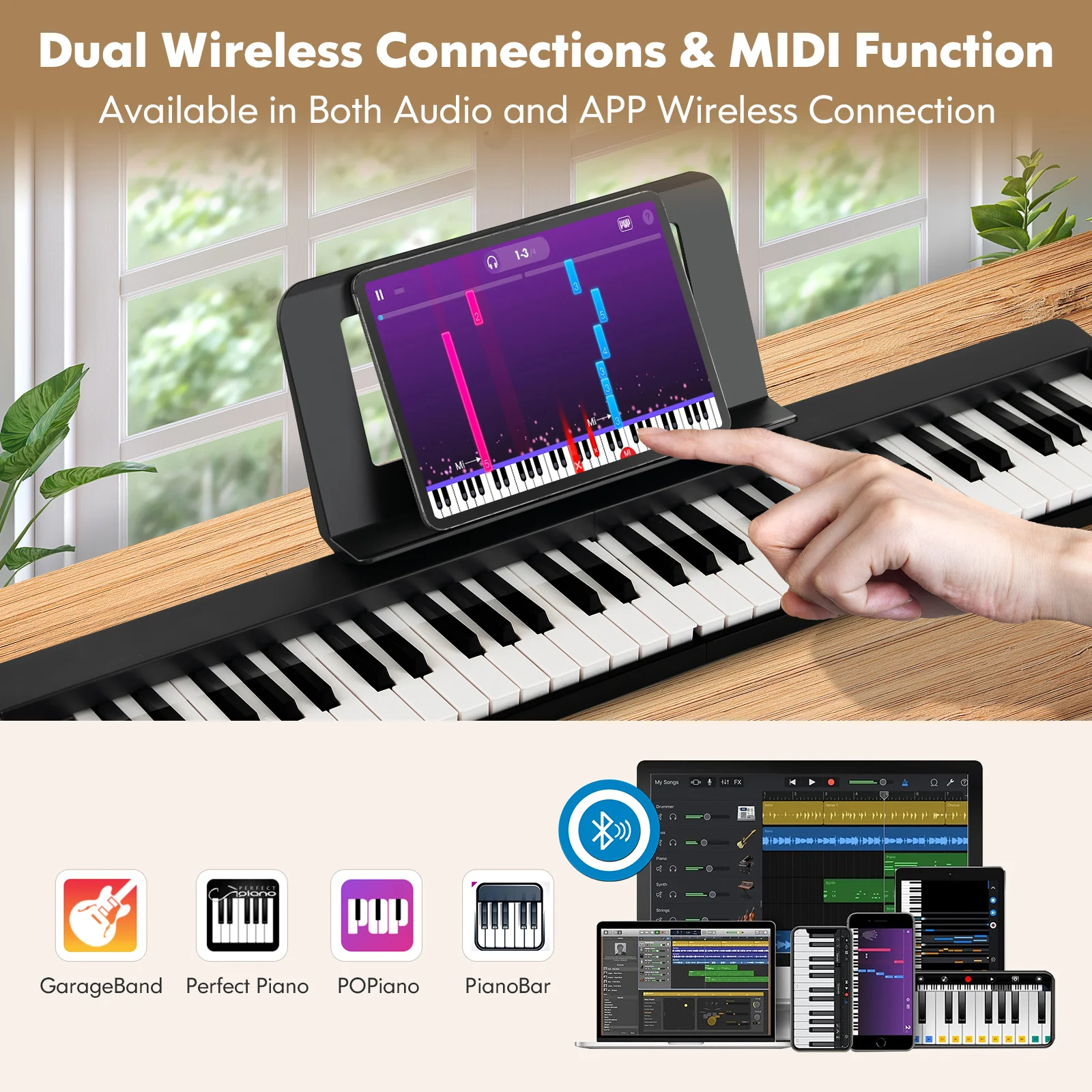 61-Key Folding Piano Keyboard, Full Size Keys, Music Stand, Black - Image 7