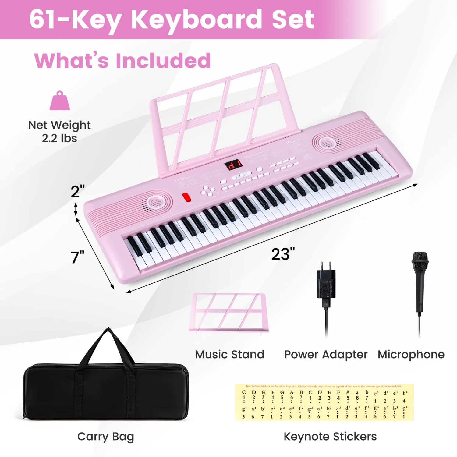 61 Key Portable Digital Keyboard Piano, Pink - Image 4