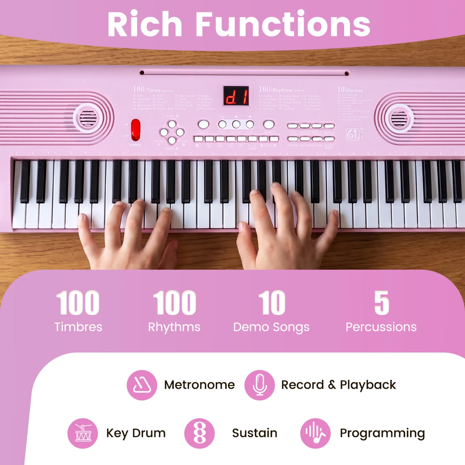 61 Key Portable Digital Keyboard Piano, Pink - Image 6