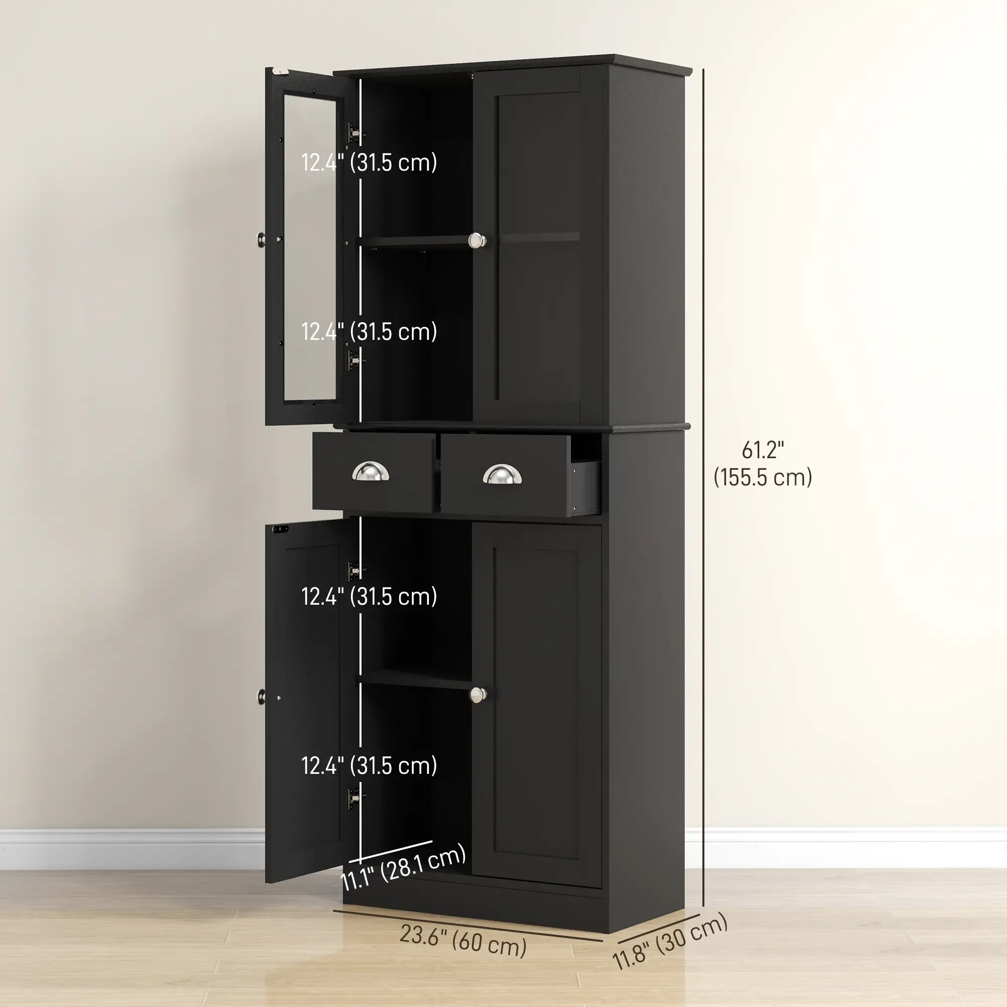 61" Kitchen Pantry Cabinet, Freestanding Farmhouse, Black - Image 3