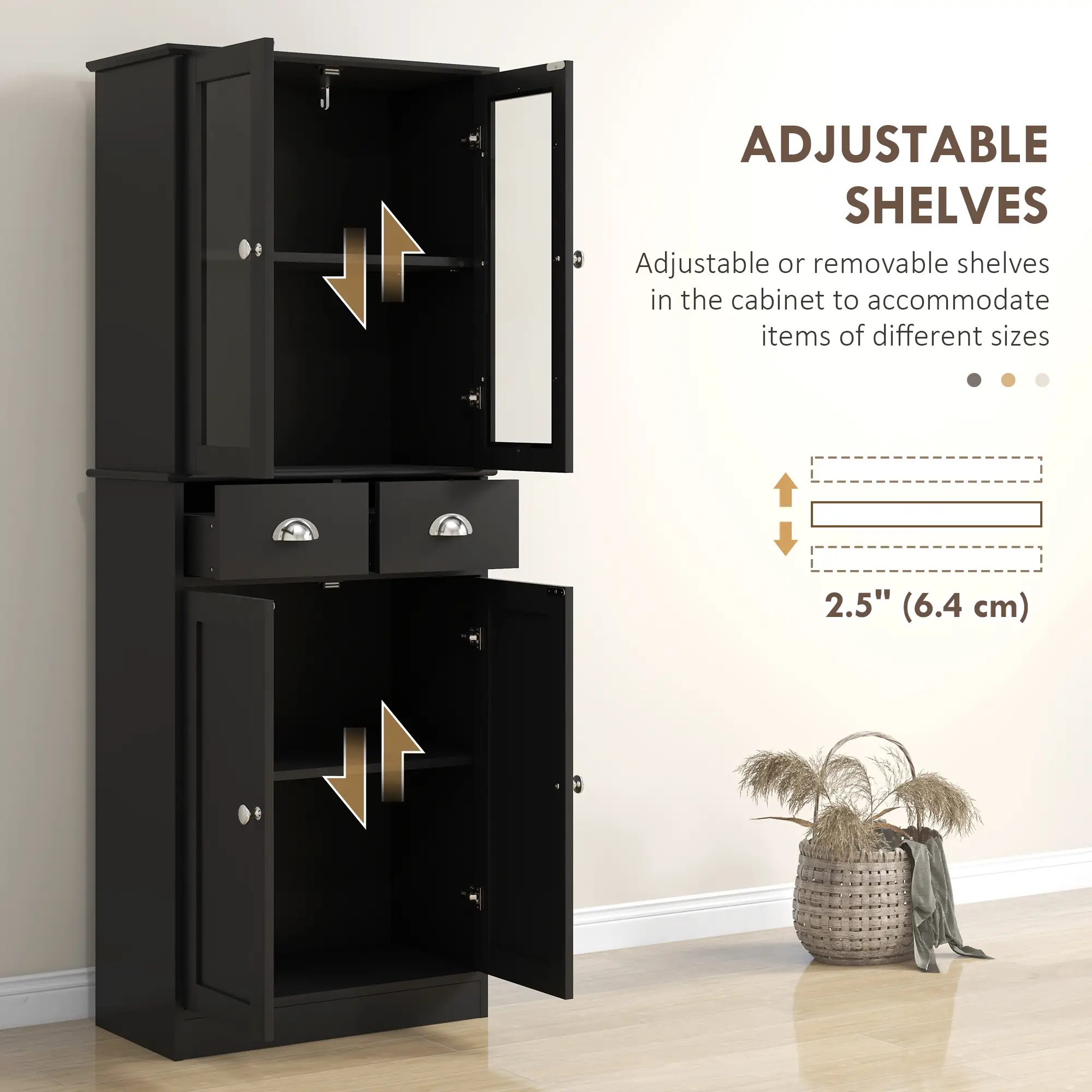 61" Kitchen Pantry Cabinet, Freestanding Farmhouse, Black - Image 6