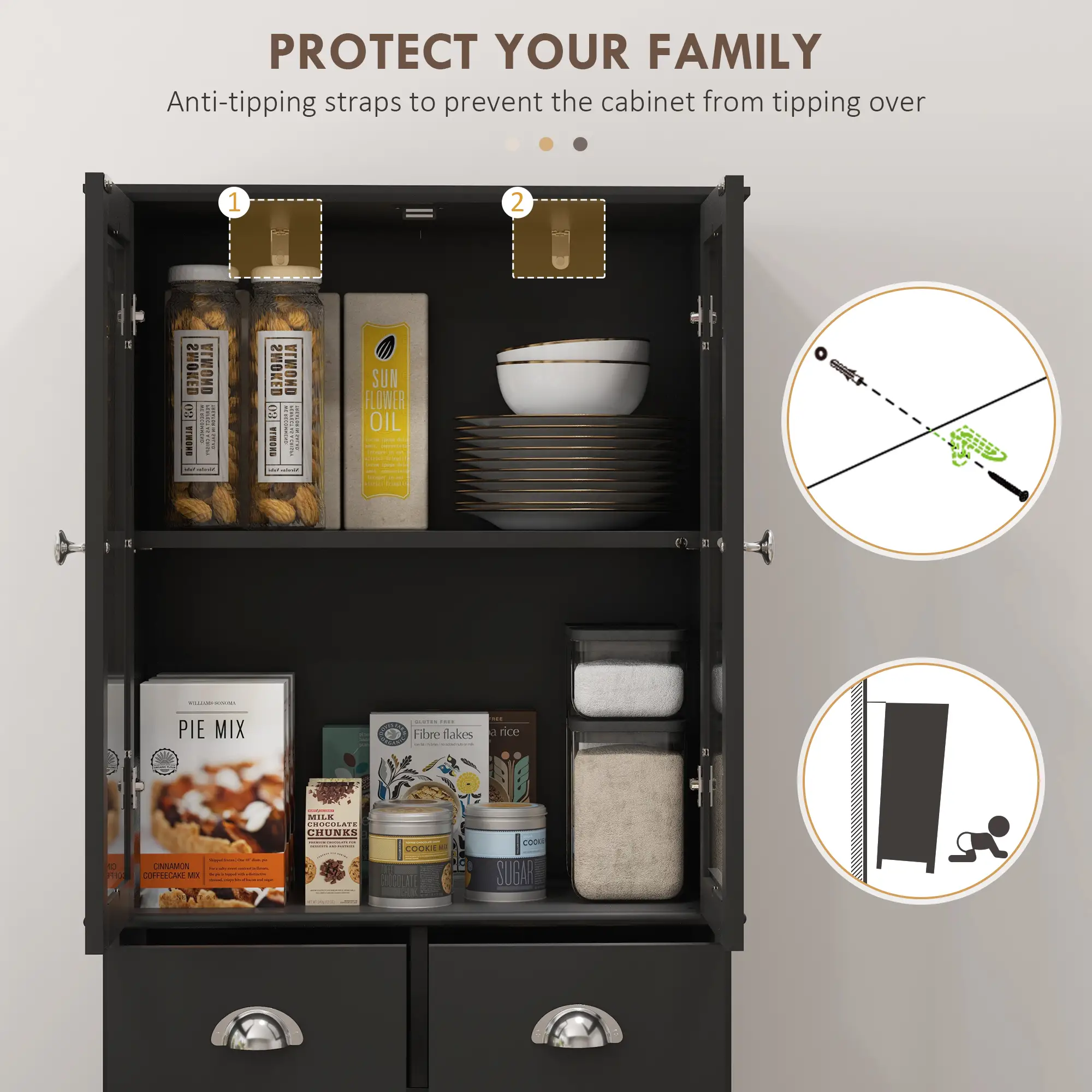 61" Kitchen Pantry Cabinet, Freestanding Farmhouse, Black - Image 7
