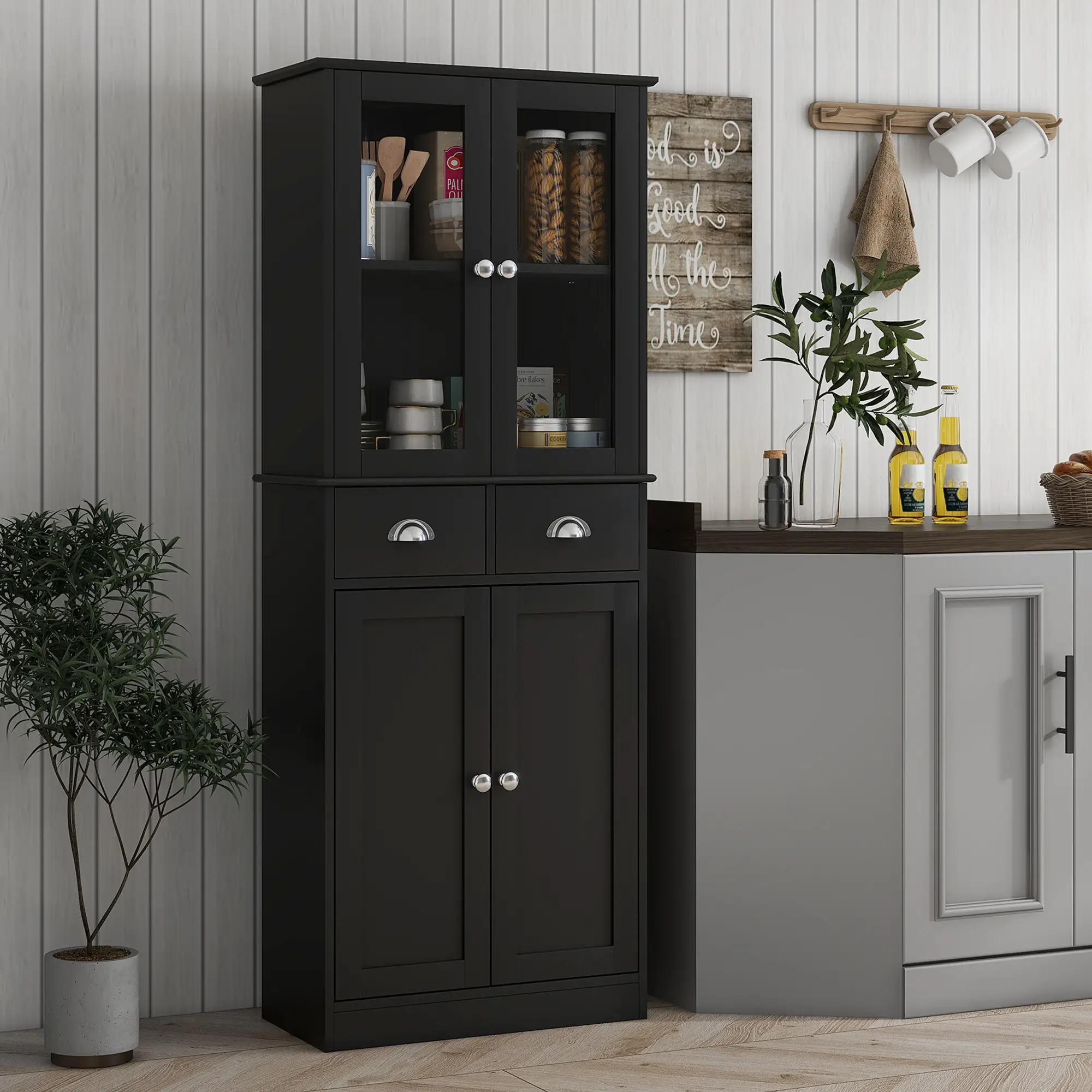 61" Kitchen Pantry Cabinet, Freestanding Farmhouse, Black - Image 9