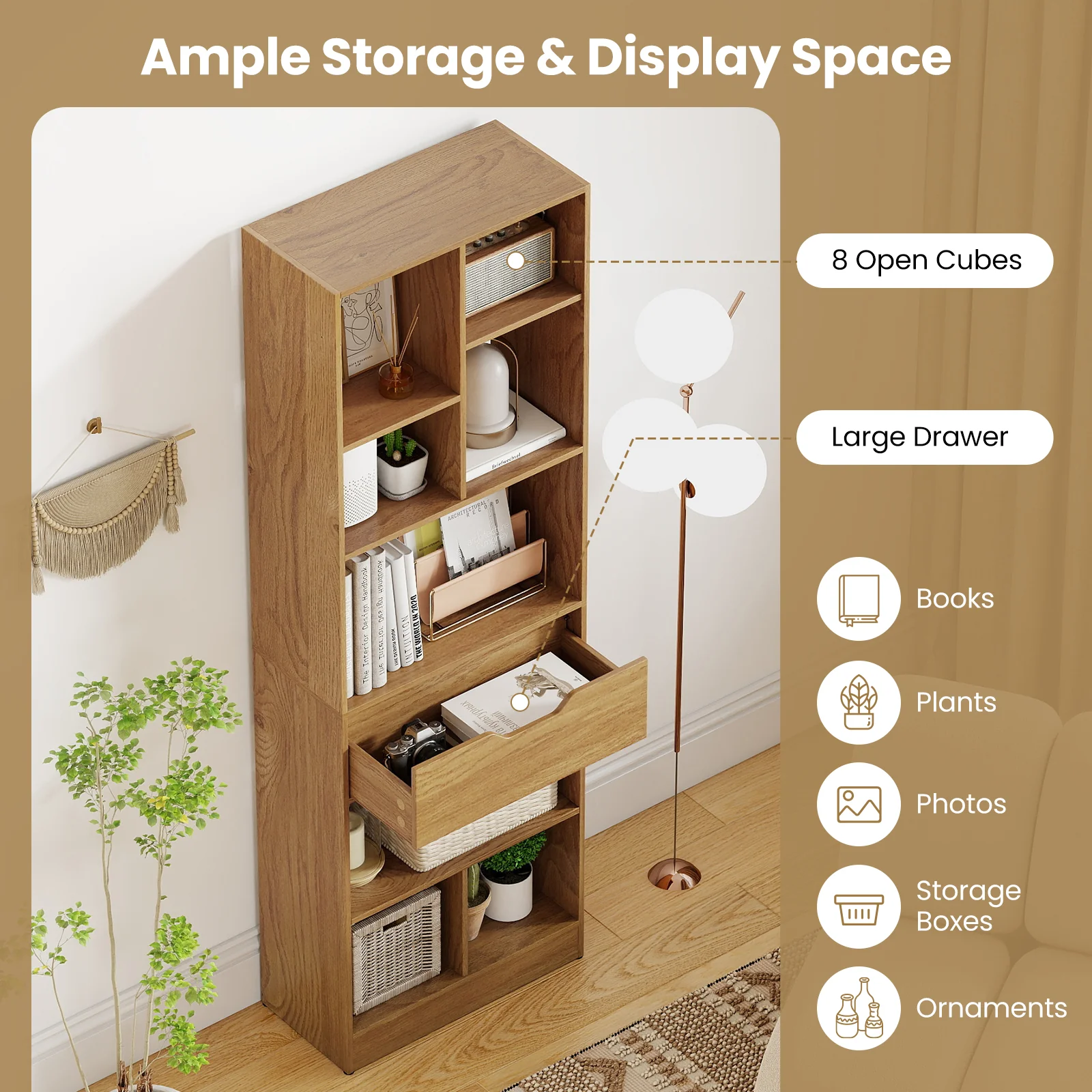 61inch Tall Freestanding Bookcase with Drawer 8-Cube Storage Organizer, Natural - Image 10