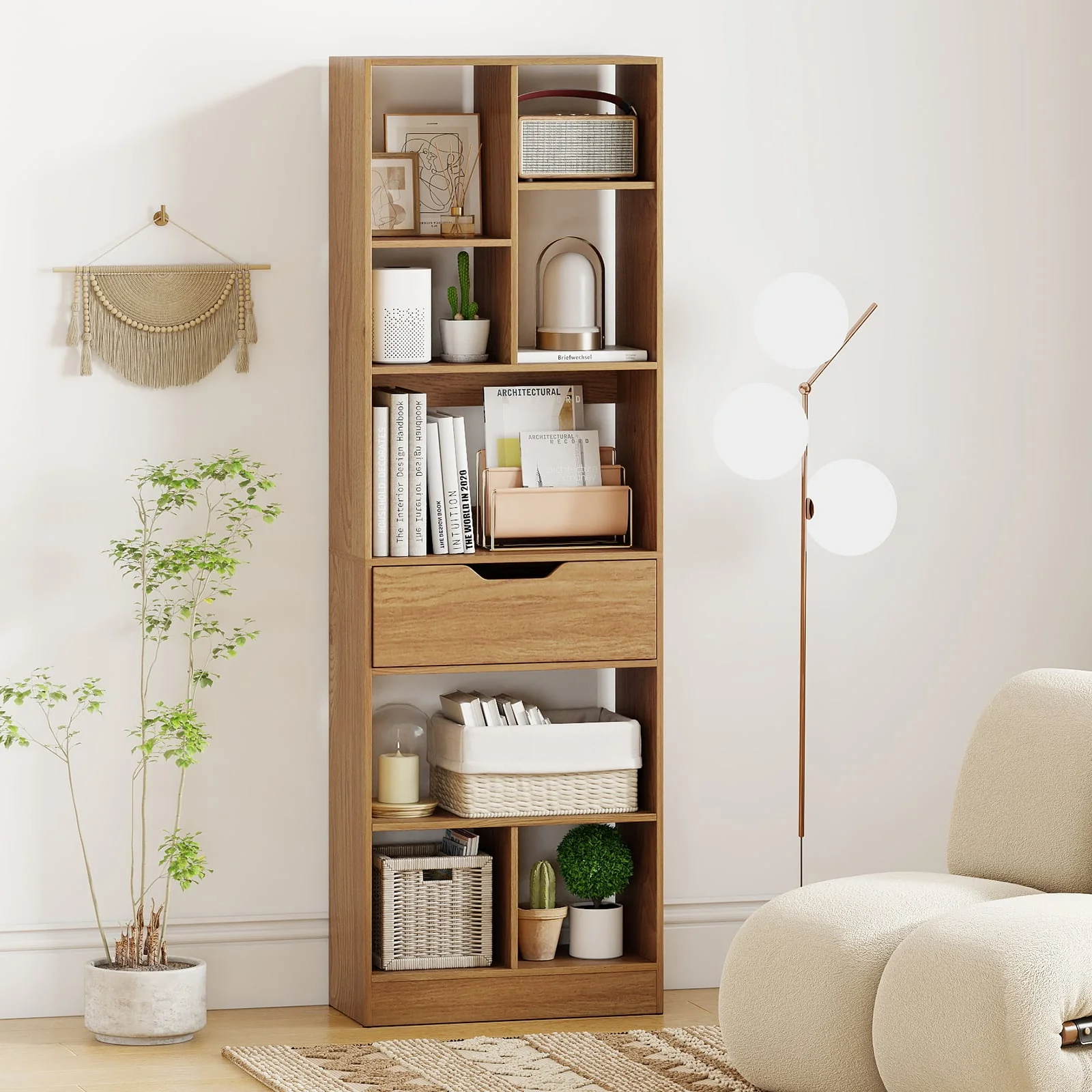 61inch Tall Freestanding Bookcase with Drawer 8-Cube Storage Organizer, Natural - Image 2