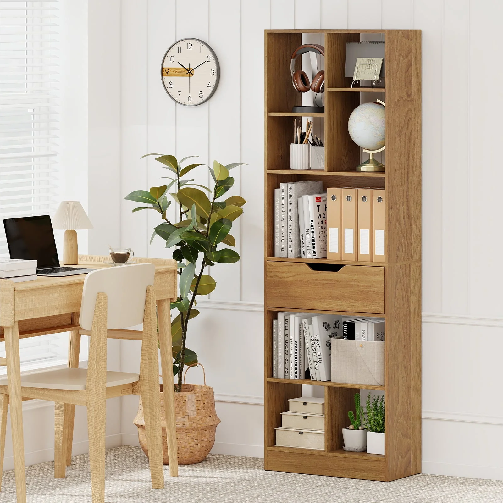 61inch Tall Freestanding Bookcase with Drawer 8-Cube Storage Organizer, Natural - Image 3