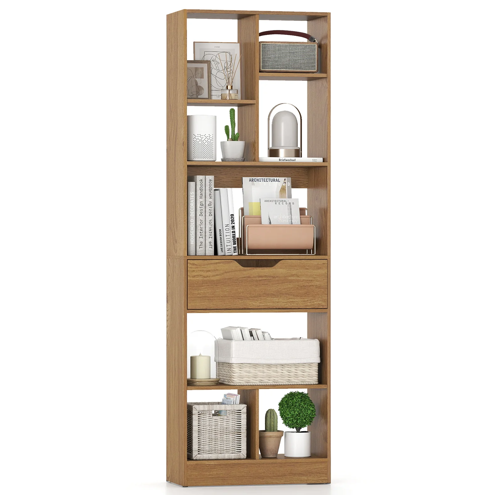 61inch Tall Freestanding Bookcase with Drawer 8-Cube Storage Organizer, Natural - Image 4