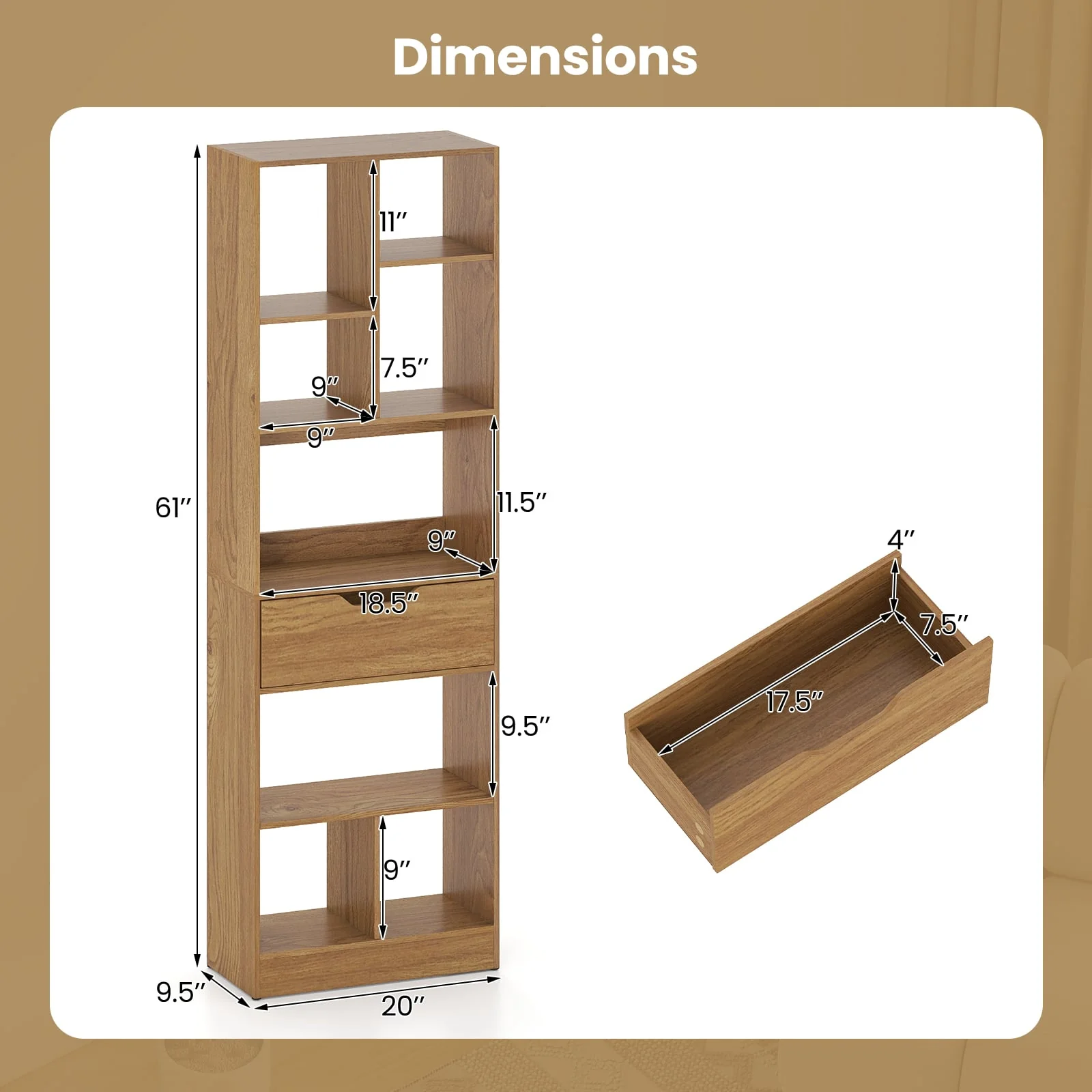 61inch Tall Freestanding Bookcase with Drawer 8-Cube Storage Organizer, Natural - Image 6