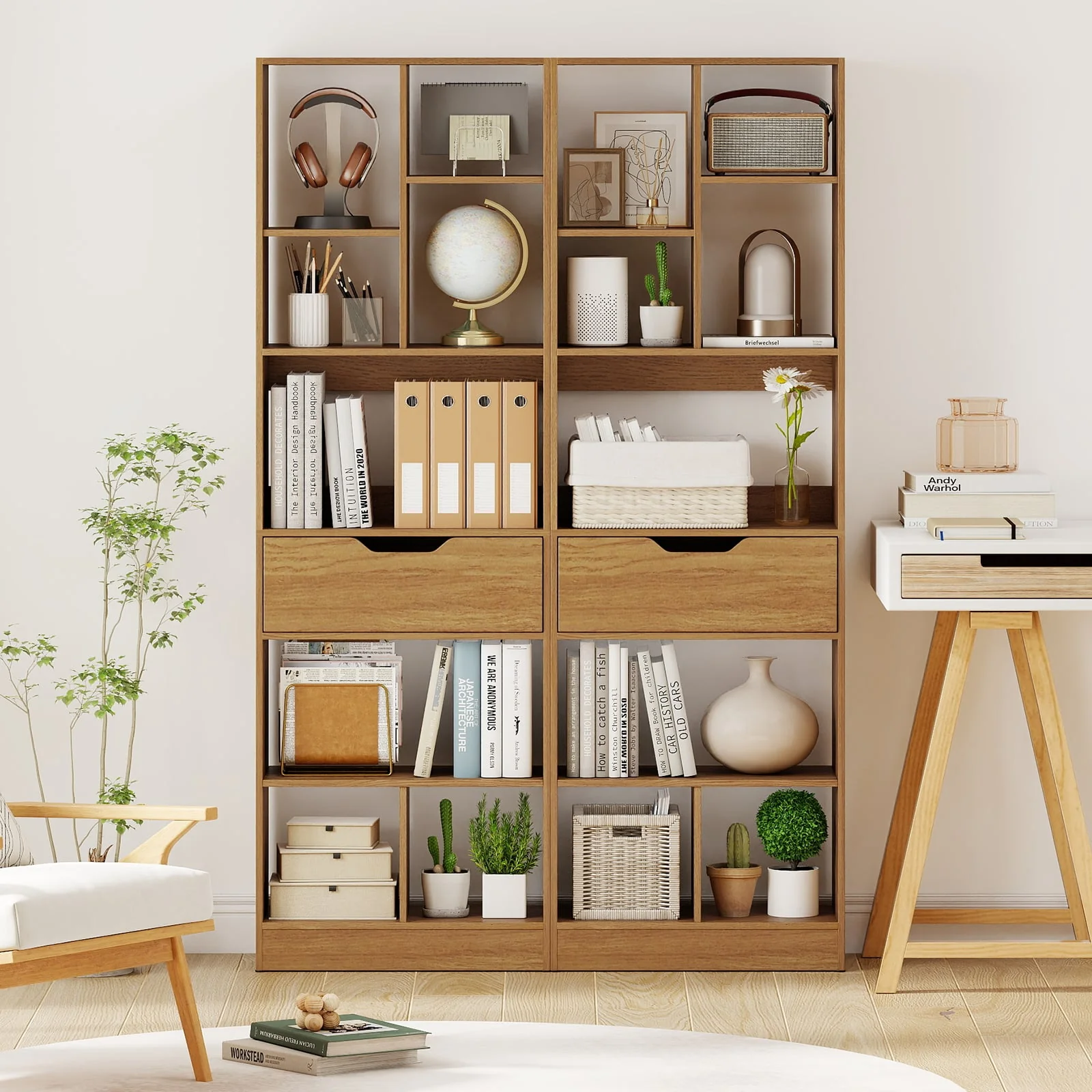 61inch Tall Freestanding Bookcase with Drawer 8-Cube Storage Organizer, Natural - Image 7