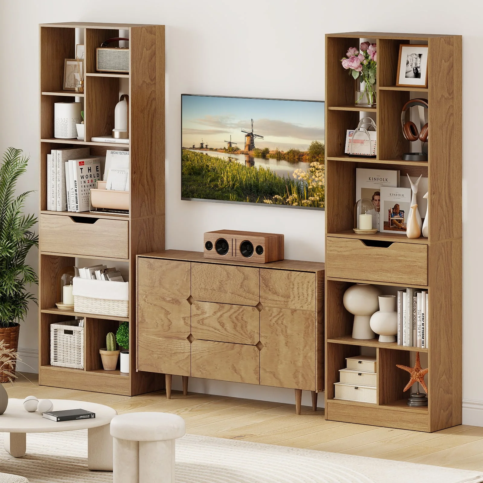 61inch Tall Freestanding Bookcase with Drawer 8-Cube Storage Organizer, Natural - Image 8
